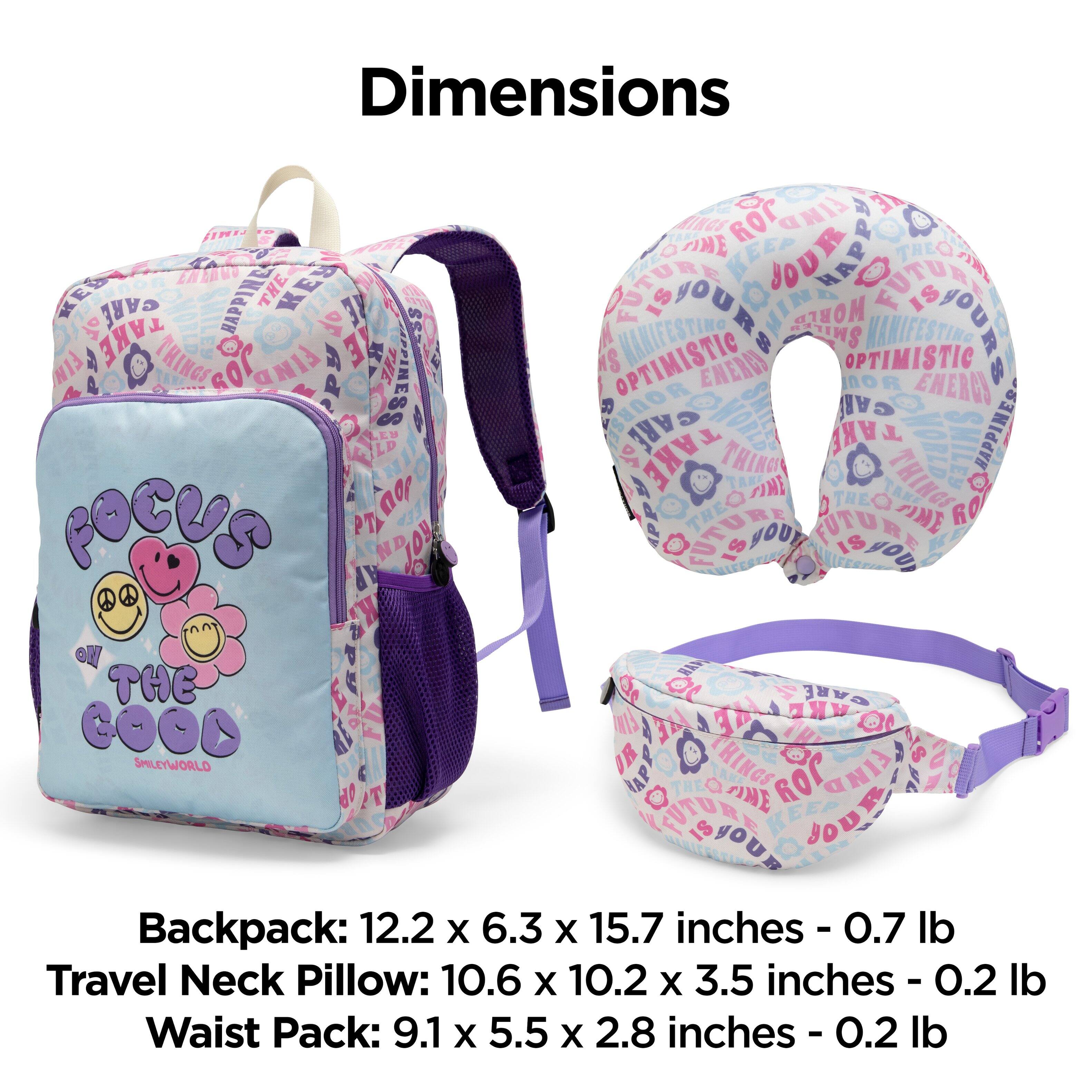 Dimensions

Backpack: 12.2 x 6.3 x 15.7 inches - 0.7 lb

Travel Neck Pillow: 10.6 x 10.2 x 3.5 inches - 0.2 lb

Waist Pack: 9.1 x 5.5 x 2.8 inches - 0.2 lb