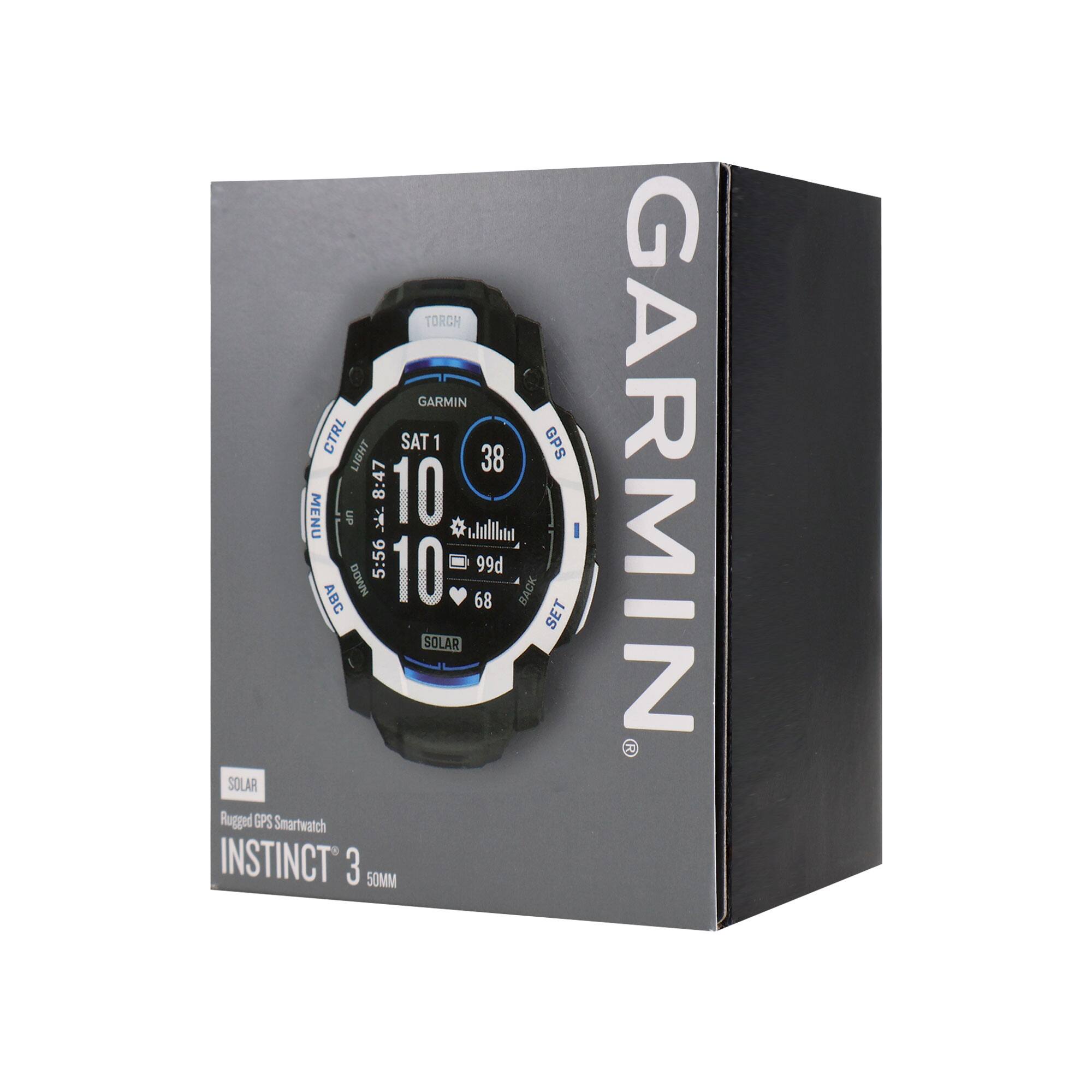 TORCH GARMIN CTRL LIGHT SAT 1 GPS 38 8:47 10 MENU an i hltha 5:56 10 99d NAADG BACK ABC 68 SET SOLAR SOLAR Rugged GPS Smartwatch INSTINCT 3 50MM GARMIN