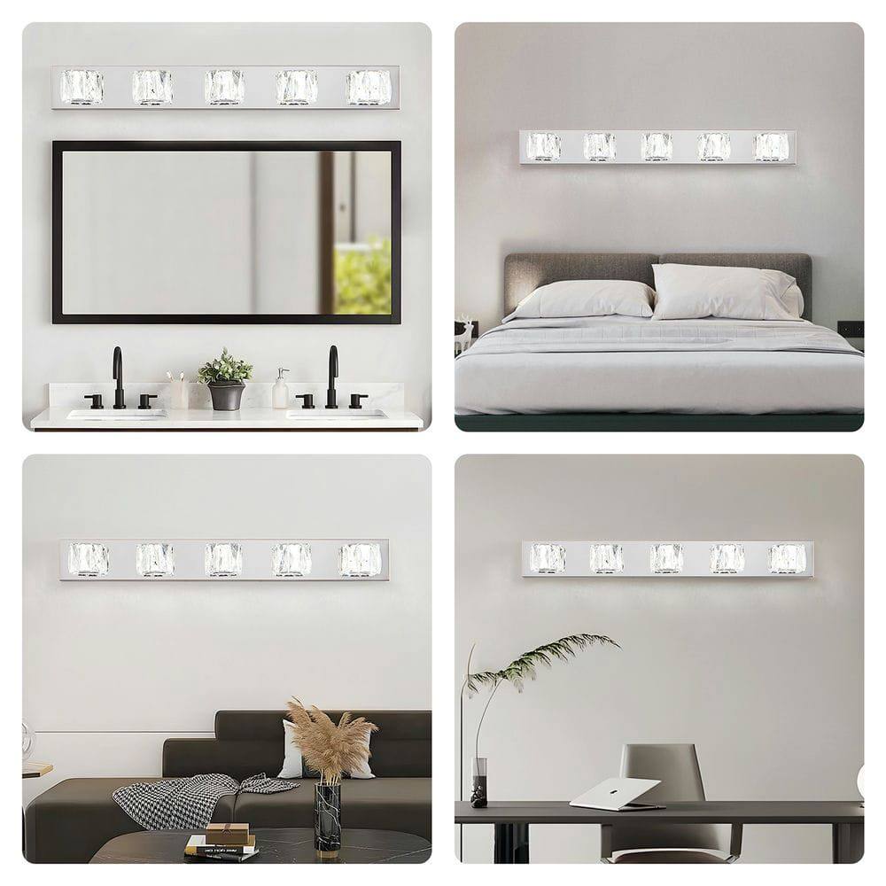 Alt View 7. Kadyn - 35" Modern Crystal 5-Light LED Wall Sconce – Elegant Chrome Bathroom Vanity Light with Clear Crystal Shades, Chrome - Silver.