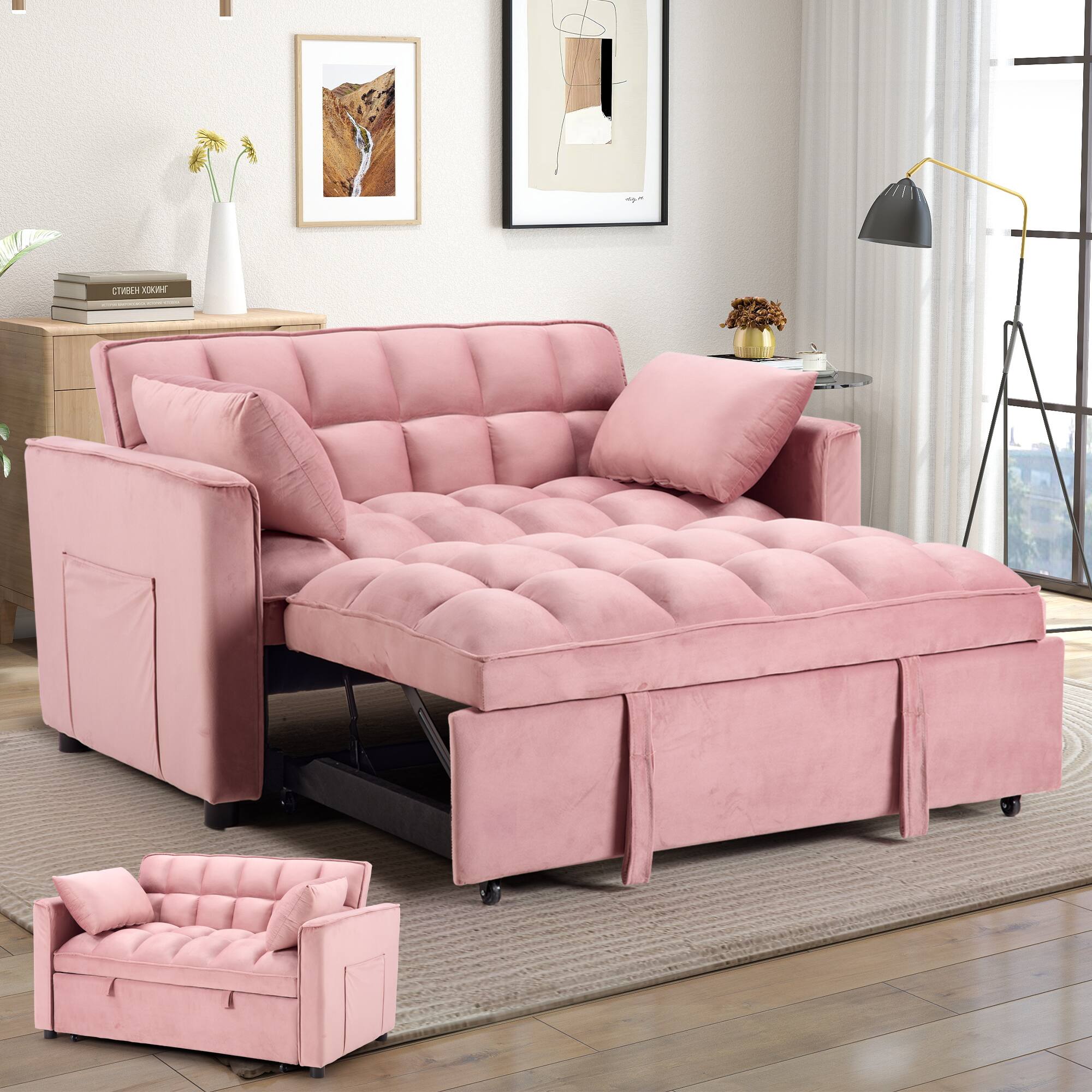 Angle. Bestier - Convertible Velvet Sofa Bed 3-in-1 Upholstered Pull Out Sleeper Sofa with 2 Pillows - Pink.