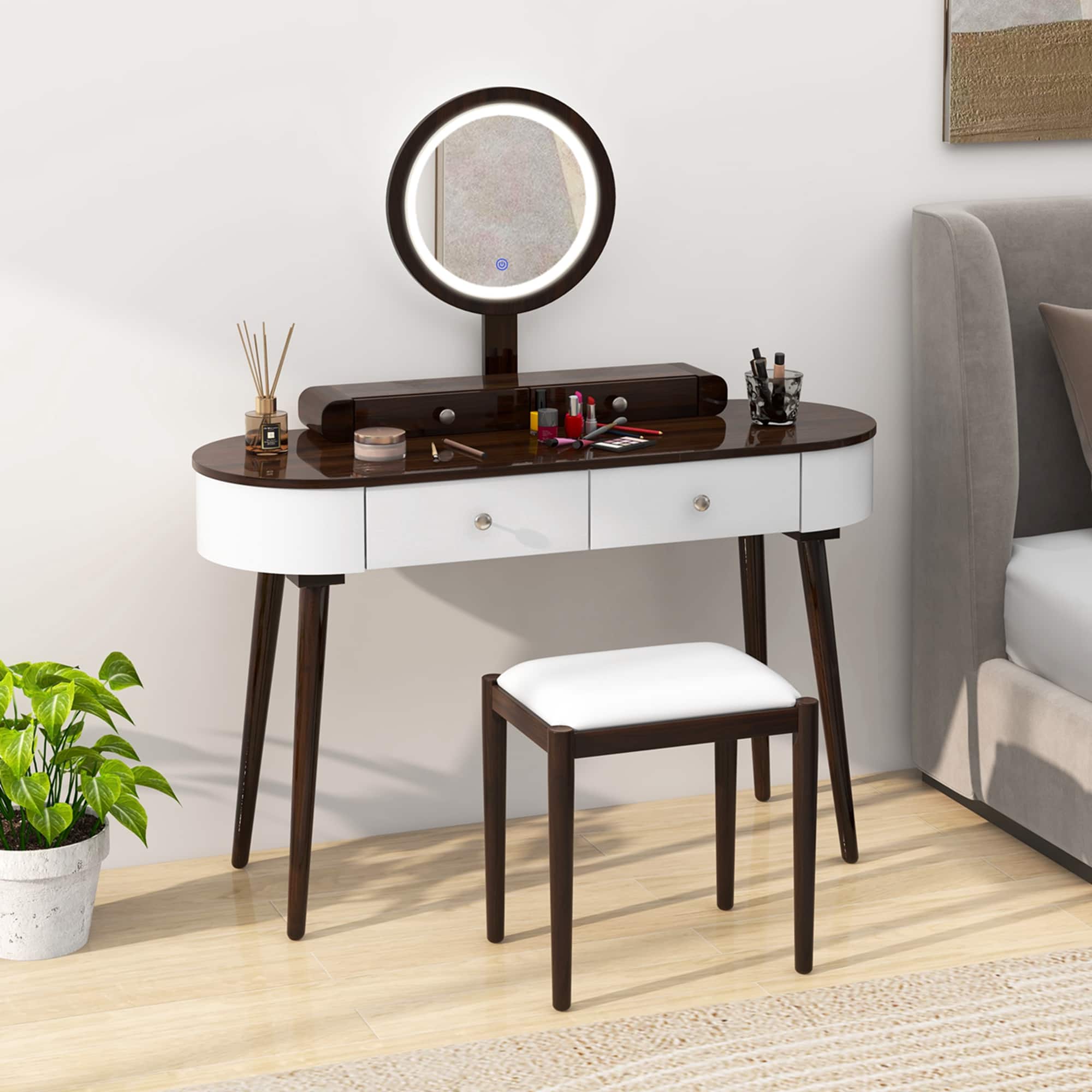 Costway - Solid Wood Makeup Vanity Desk Set with LED Lighted Mirror Drawers Cushioned Stool - White + Brown