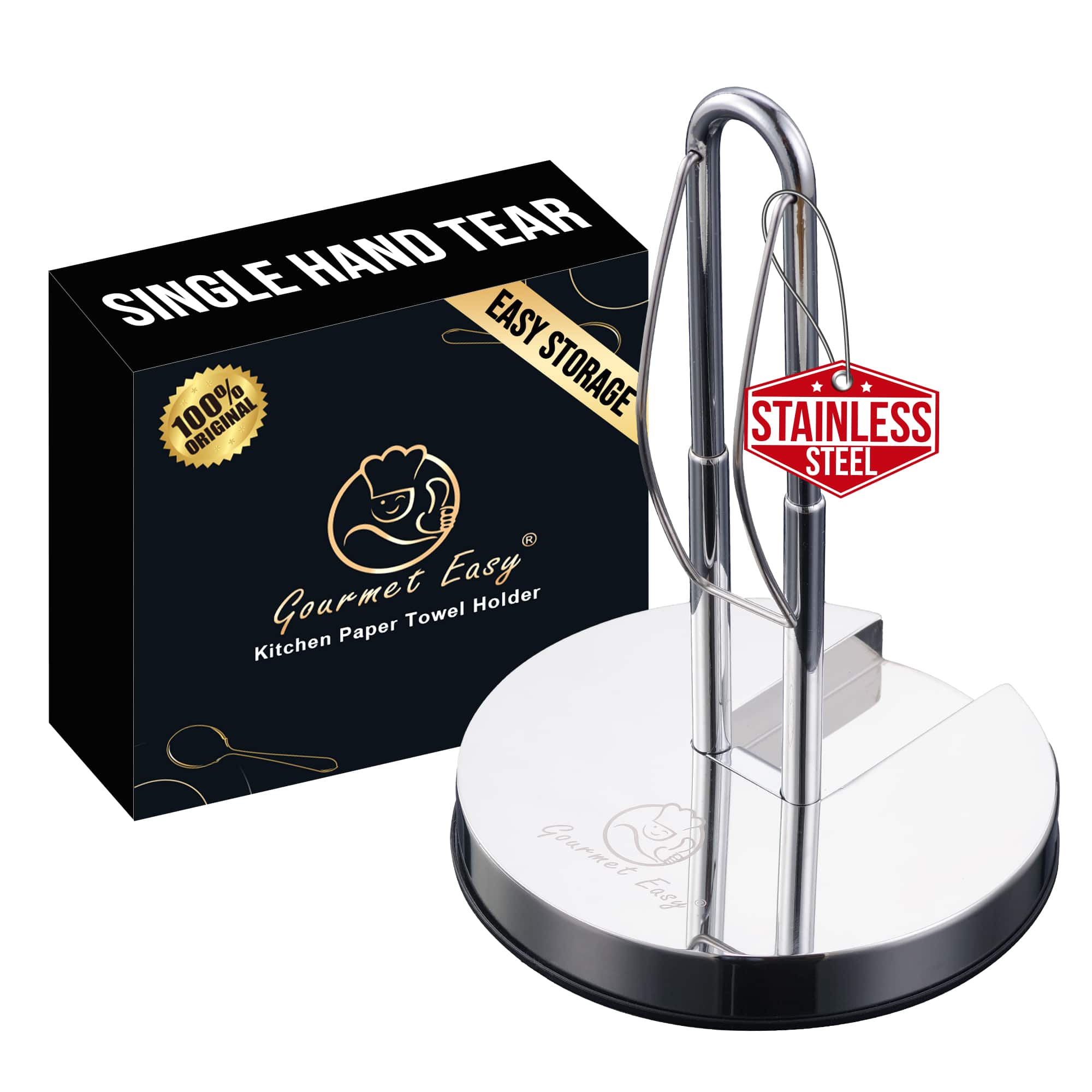Gourmet Easy - Paper Towel Holder Stainless Steel One-Hand Tear Adjustable Space Saving - Stainless Steel Color