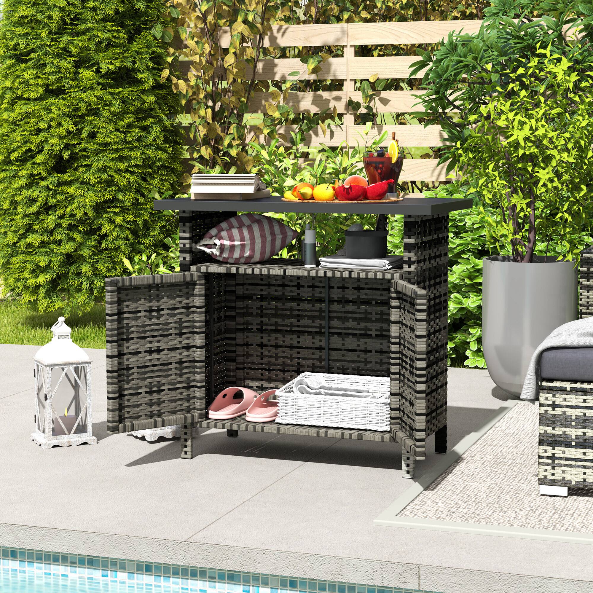 Alt View 8. Outsunny - Wicker Outdoor Storage Cabinet, Rattan Outdoor Bar Table with 2 Doors and Shelf, Outdoor Buffet Cabinet Sideboard - Mixed Gray.