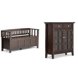 Simpli Home - Acadian Solid Wood 48 inch Wide Storage Bench and 36 inch Wide Storage Cabinet - Brunette Brown
