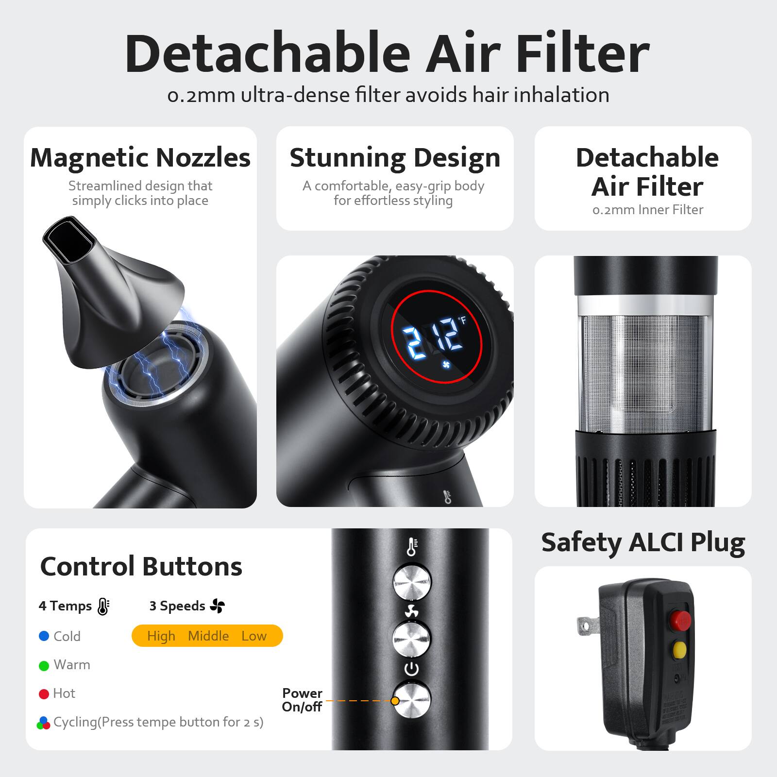 - Detachable Air Filter  
  0.2mm ultra-dense filter avoids hair inhalation

- Magnetic Nozzles  
  Streamlined design that simply clicks into place

- Stunning Design  
  A comfortable, easy-grip body for effortless styling

- Detachable Air Filter  
  0.2mm Inner Filter

- Control Buttons  
  4 Temps  
  - Cold  
  - Warm  
  - Hot  
  3 Speeds  
  - High  
  - Middle  
  - Low  
  Cycling (Press temp button for 2 s)  
  Power On/off

- Safety ALCI Plug