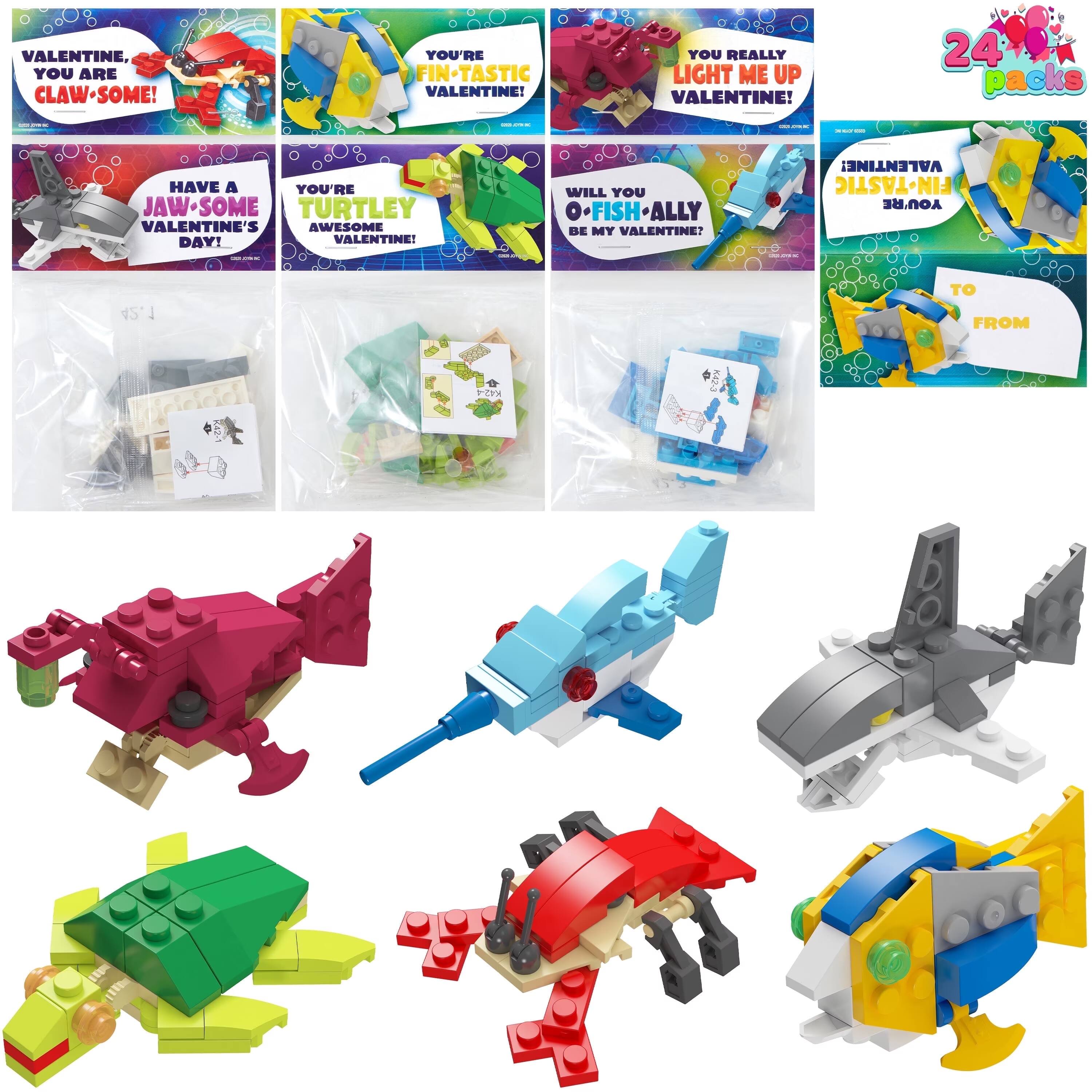 24 Packs Valentines Day Cards with Sea Animal Building Blocks for Valentine Party Favor, Classroom Exchange Prize