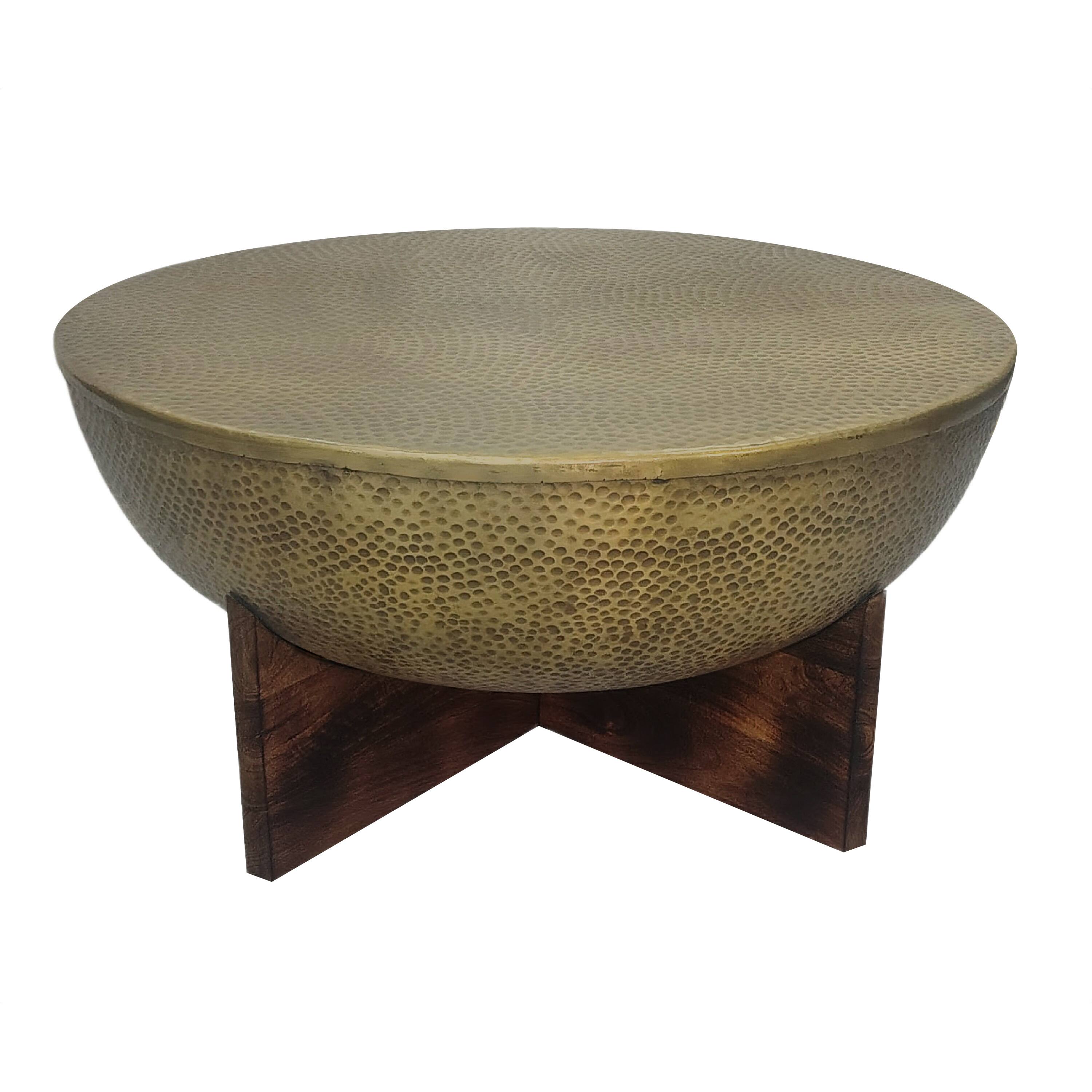 Left. Manhattan Lane - Arden Coffee Table | Round Hammered Metal Top | Mango Wood Base| Antique Brass - Antique Brass, Brown.