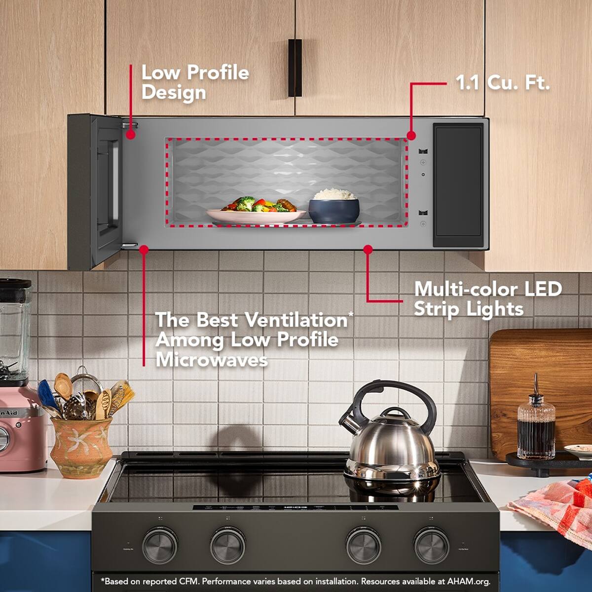 Low Profile Design  
1.1 Cu. Ft.  
Multi-color LED Strip Lights  

The Best Ventilation Among Low Profile Microwaves*  
*Based on reported CFM. Performance varies based on installation. Resources available at AHAM.org.