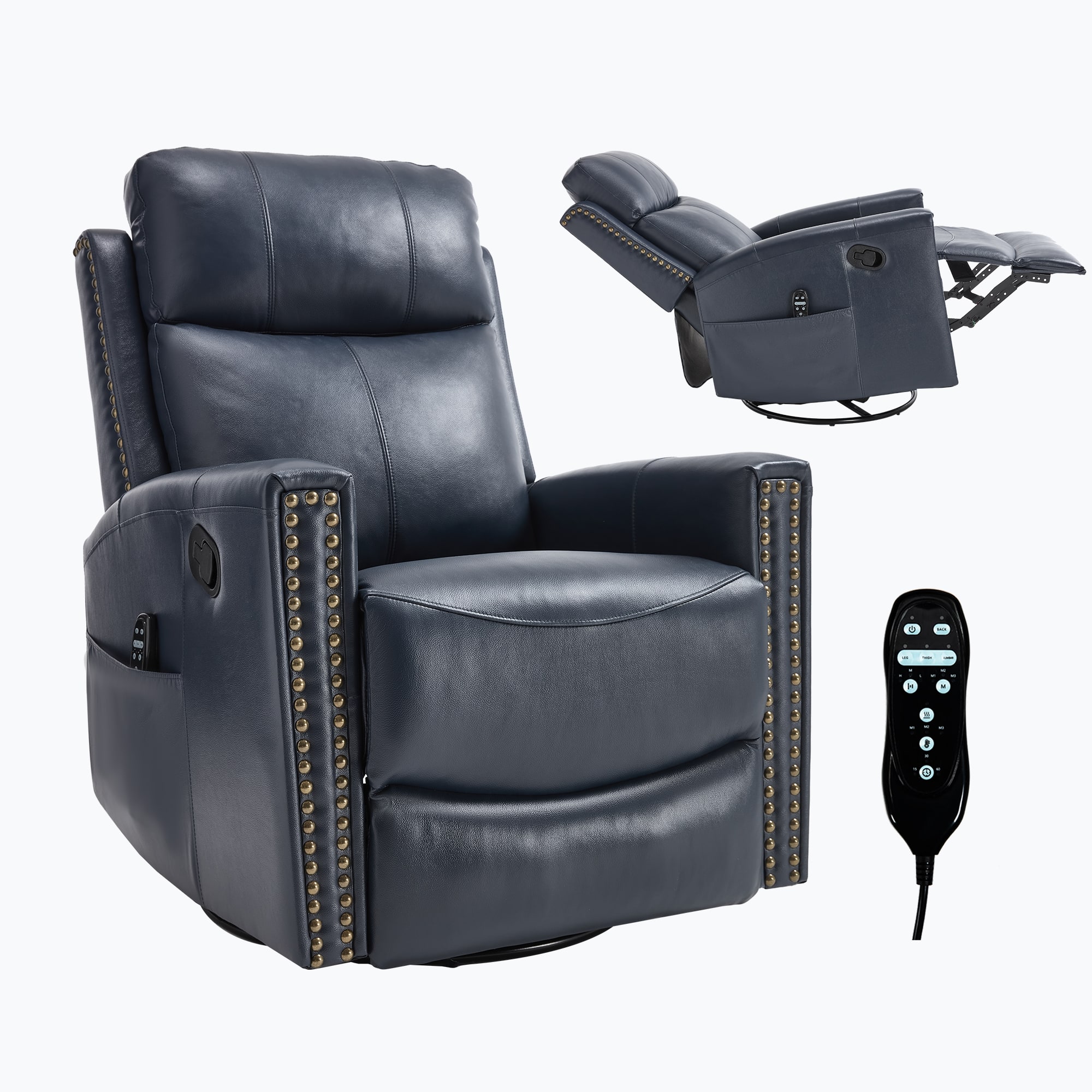 LUCKY ONE - Genuine Leather Manual Recliner Chair with 360° Swivel, Rocker, Heat Massage - Blue