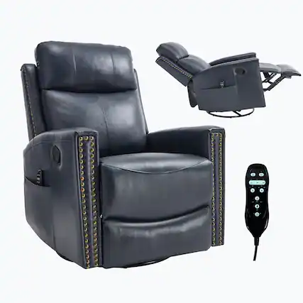 Front. LUCKY ONE - Genuine Leather Manual Recliner Chair with 360° Swivel, Rocker, Heat Massage - Blue.