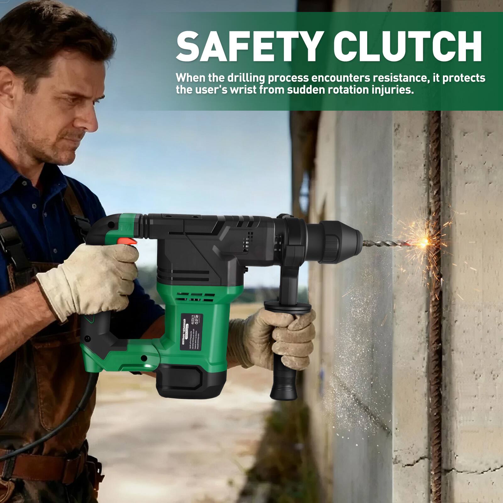 SAFETY CLUTCH  
When the drilling process encounters resistance, it protects the user's wrist from sudden rotation injuries.