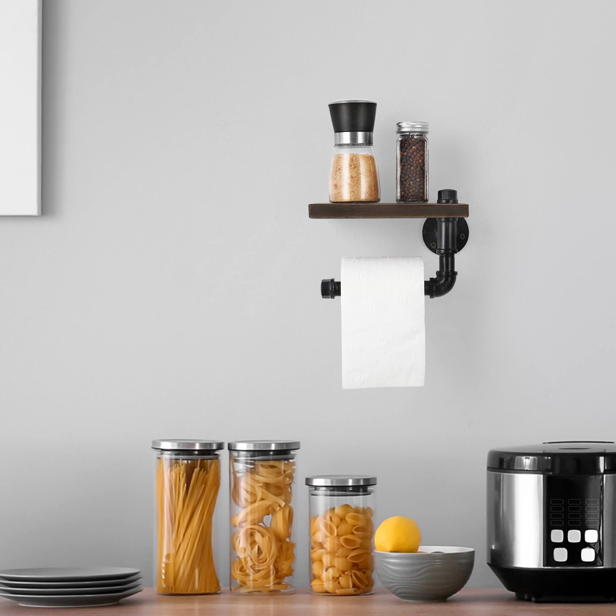 Alt View 1. Oumilen - Industrial Pipe Single Paper Towel Holder with Dark Walnut Shelf – Wall Mounted for Kitchen Bathroom.