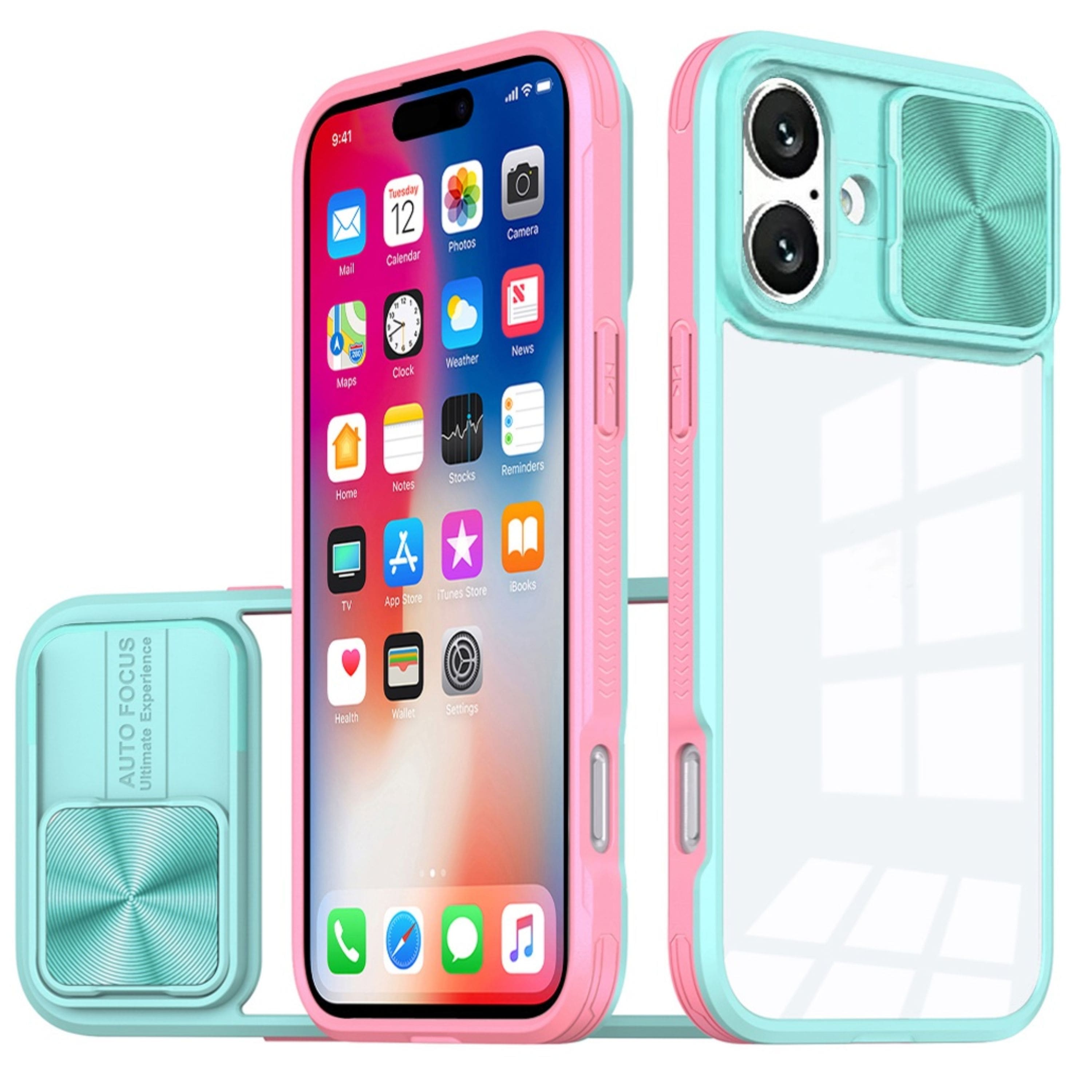 Kitcheniva - Clear Hybrid Sliding Lens Cover Case With Tempered Glass For iPhone 16 - Pink/Blue price history on PriceWatchPro
