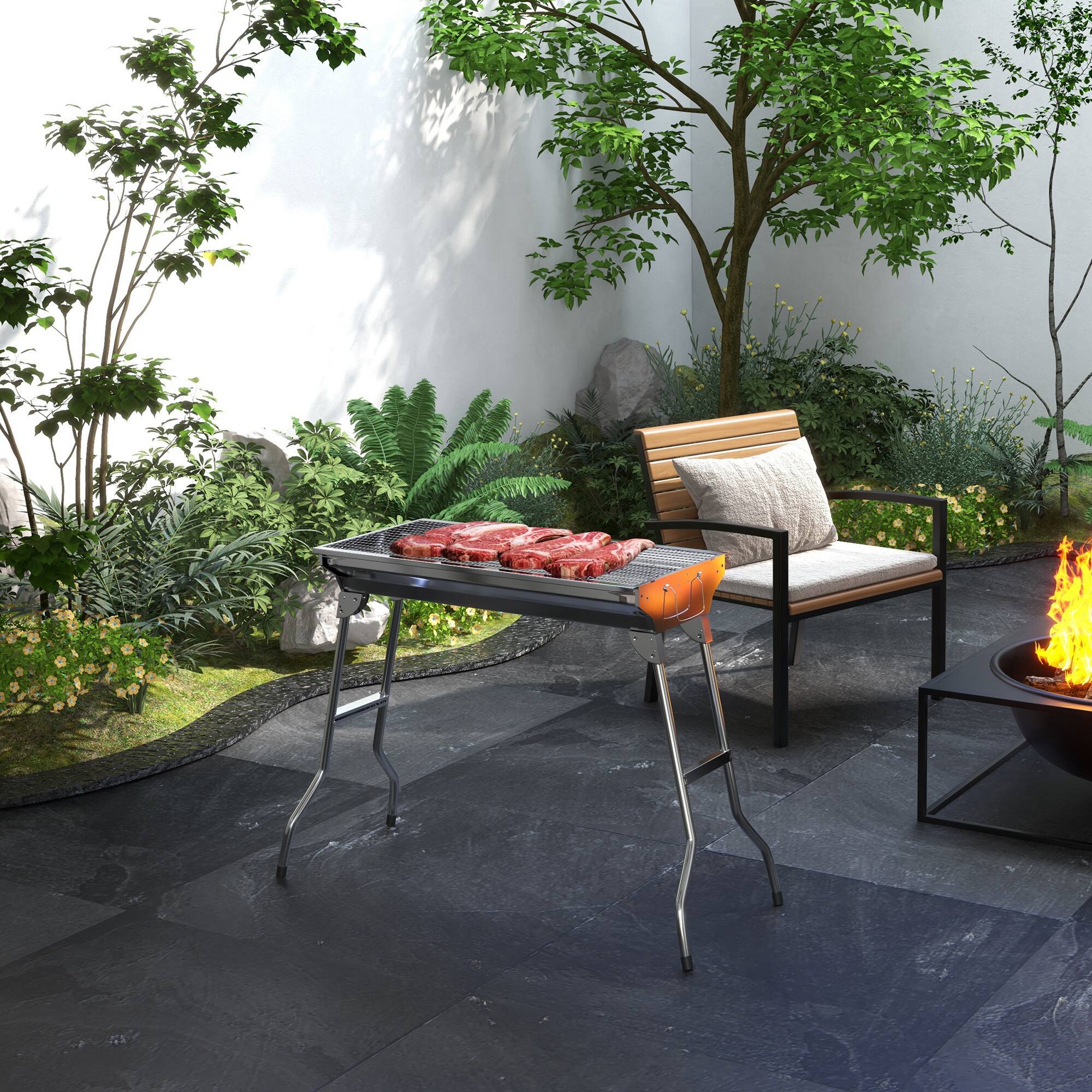 Alt View 1. Outsunny - Portable Charcoal Grill, Stainless Steel Folding Outdoor BBQ Grill for Backyard Cooking, Camping, Picnic, Party - Silver.