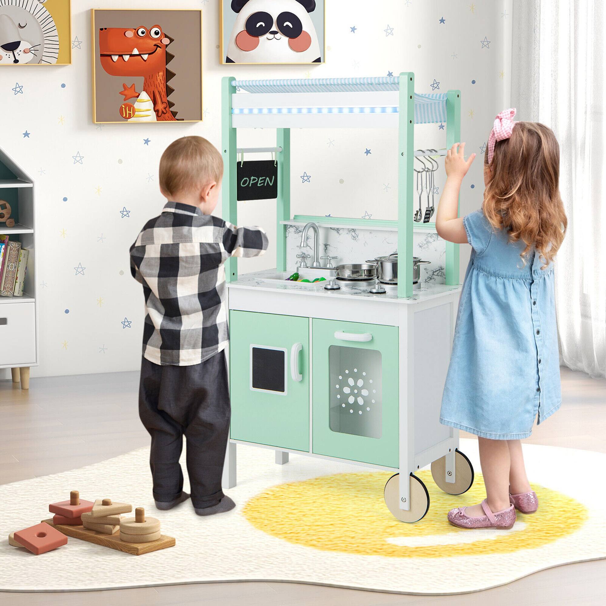 Alt View 3. Gymax - Gymax Double-Sided Pretend Play Kitchen Kids Wooden Grocery Stand w/ Remote Control - Green.