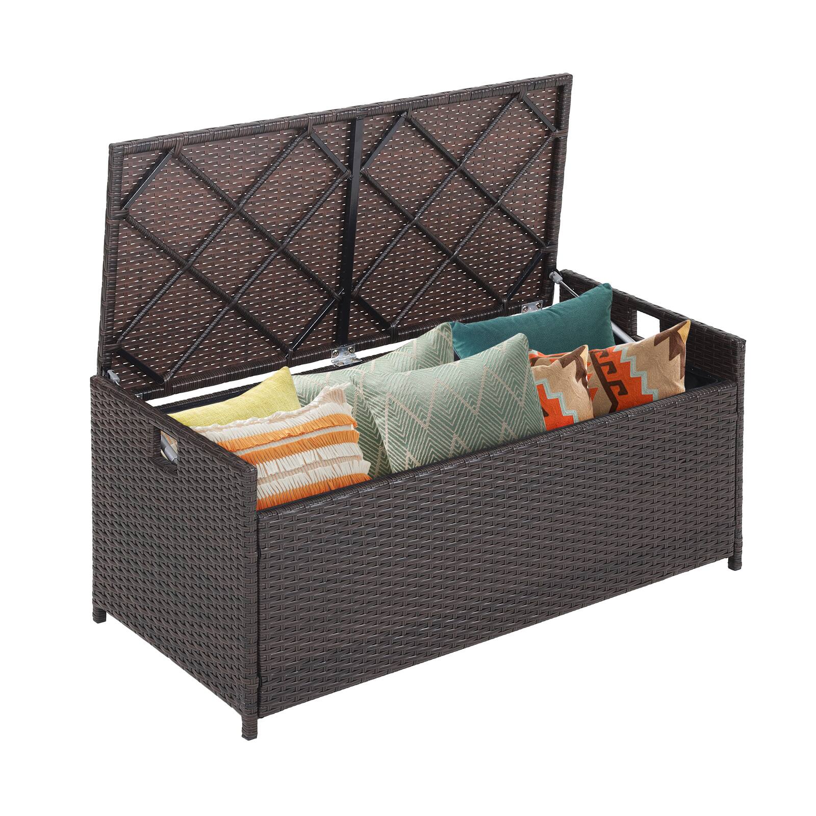 Front. WELLFOR - 34 Gallon Patio Storage Bench with Seat Cushion and Zippered Liner - Brown.
