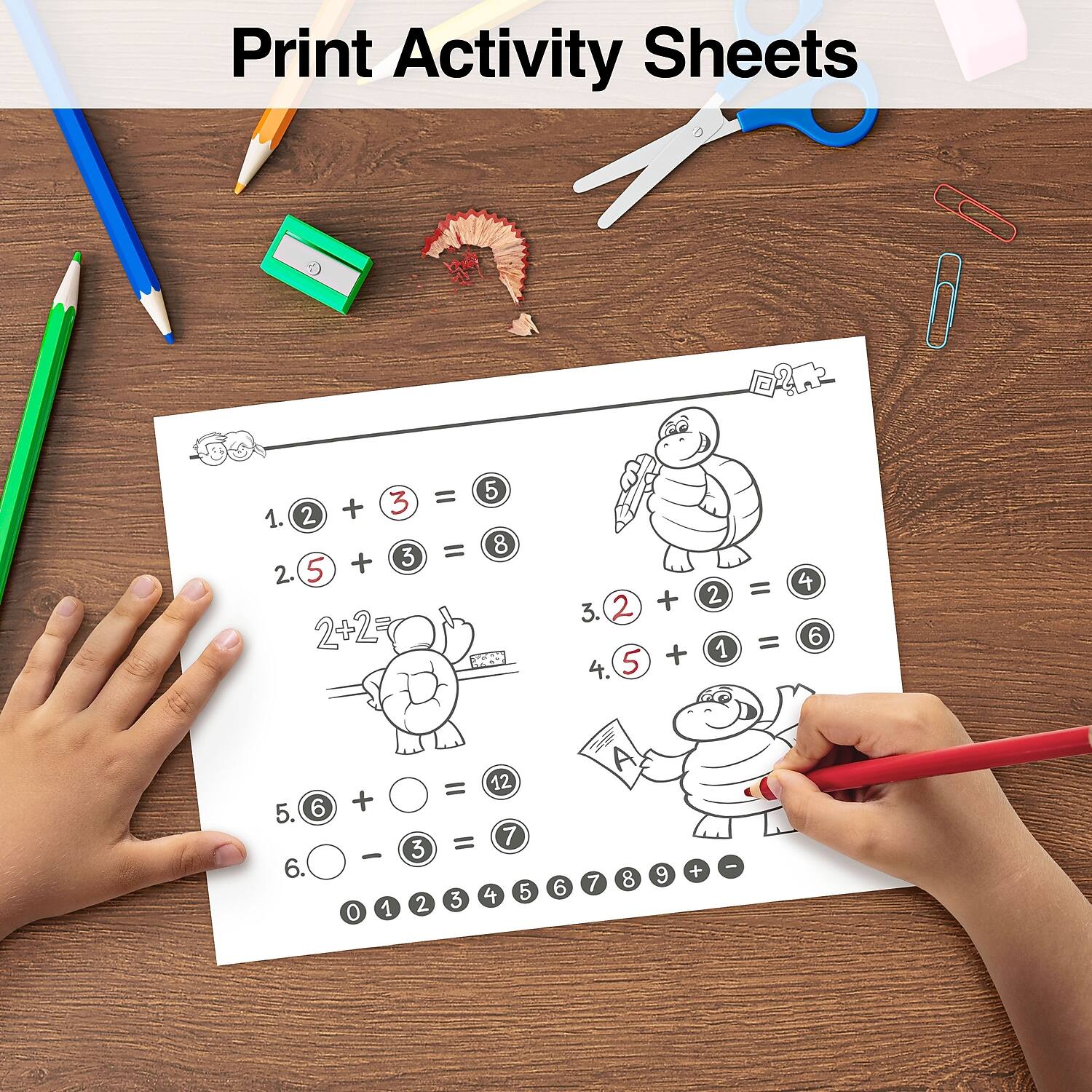Print Activity Sheets

1. 2 + 3 = 5  
2. 5 + 3 = 8  
3. 2 + 2 = 4  
4. 5 + 1 = 6  
5. 6 + 6 = 12  
6. 10 - 3 = 7  

0 1 2 3 4 5 6 7 8 9 + -