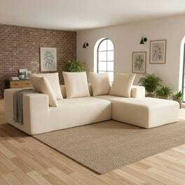 Kadyn - Full Foam Compression Modular Sofa with 5 Throw Pillows, Flannelette Fabric, L-Shaped, Ideal for Small Space - Beige