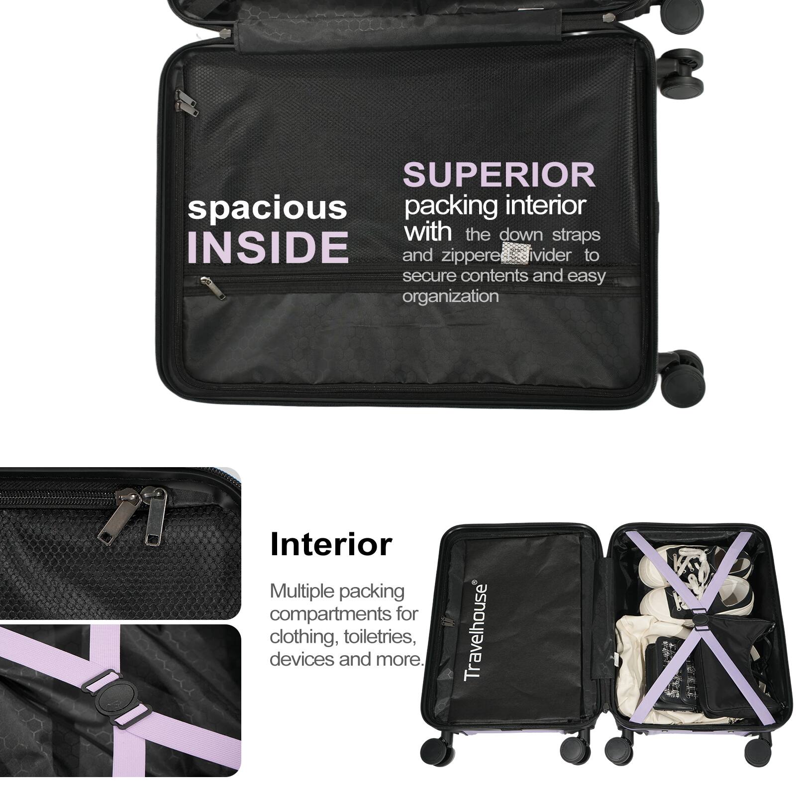 SUPERIOR spacious packing interior with the down straps INSIDE and zipper divider to secure contents and easy organization

Interior Multiple packing compartments for clothing, toiletries, devices and more.