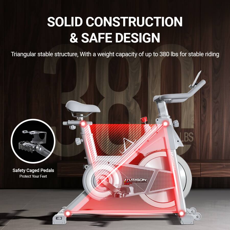 SOLID CONSTRUCTION & SAFE DESIGN  
Triangular stable structure, With a weight capacity of up to 380 lbs for stable riding  
Safety Caged Pedals Protect Your Feet  
HARISON XP LBS