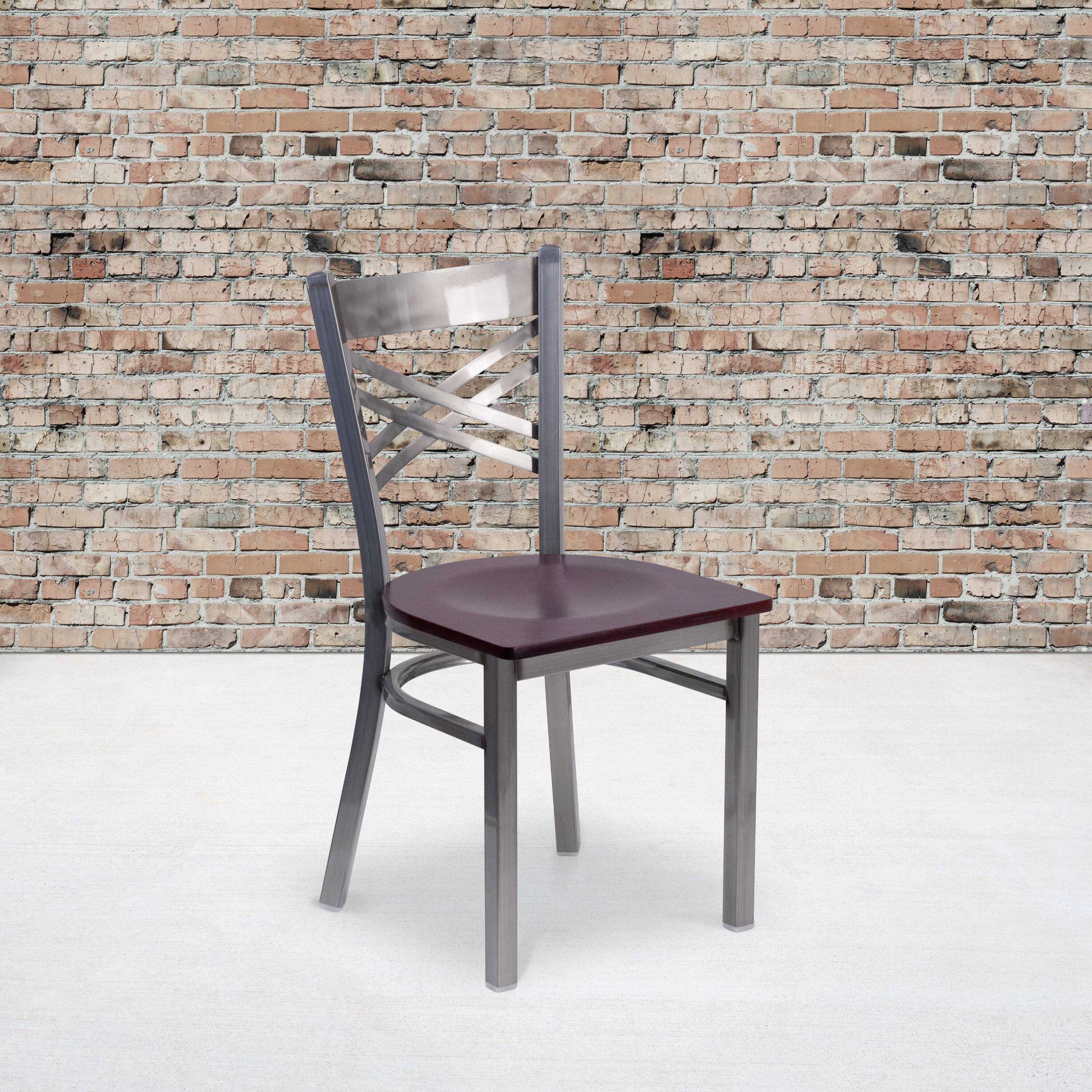 Alt View 2. Emma + Oliver - 2 Pack Clear Coated "X" Back Metal Restaurant Chair - Mahogany Wood Seat/Clear Coated Metal Frame.