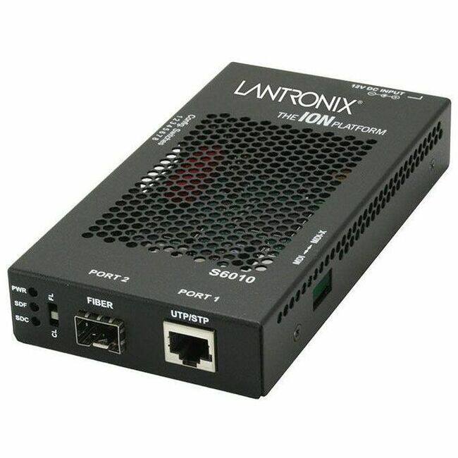 12V DC INPUT  
LANTONIX  
THE ION PLATFORM  
S6010  

PORT 1  
UTP/STP MDI-X/MDI  

PORT 2  
FIBER  

PWR  
SDF  
SDC