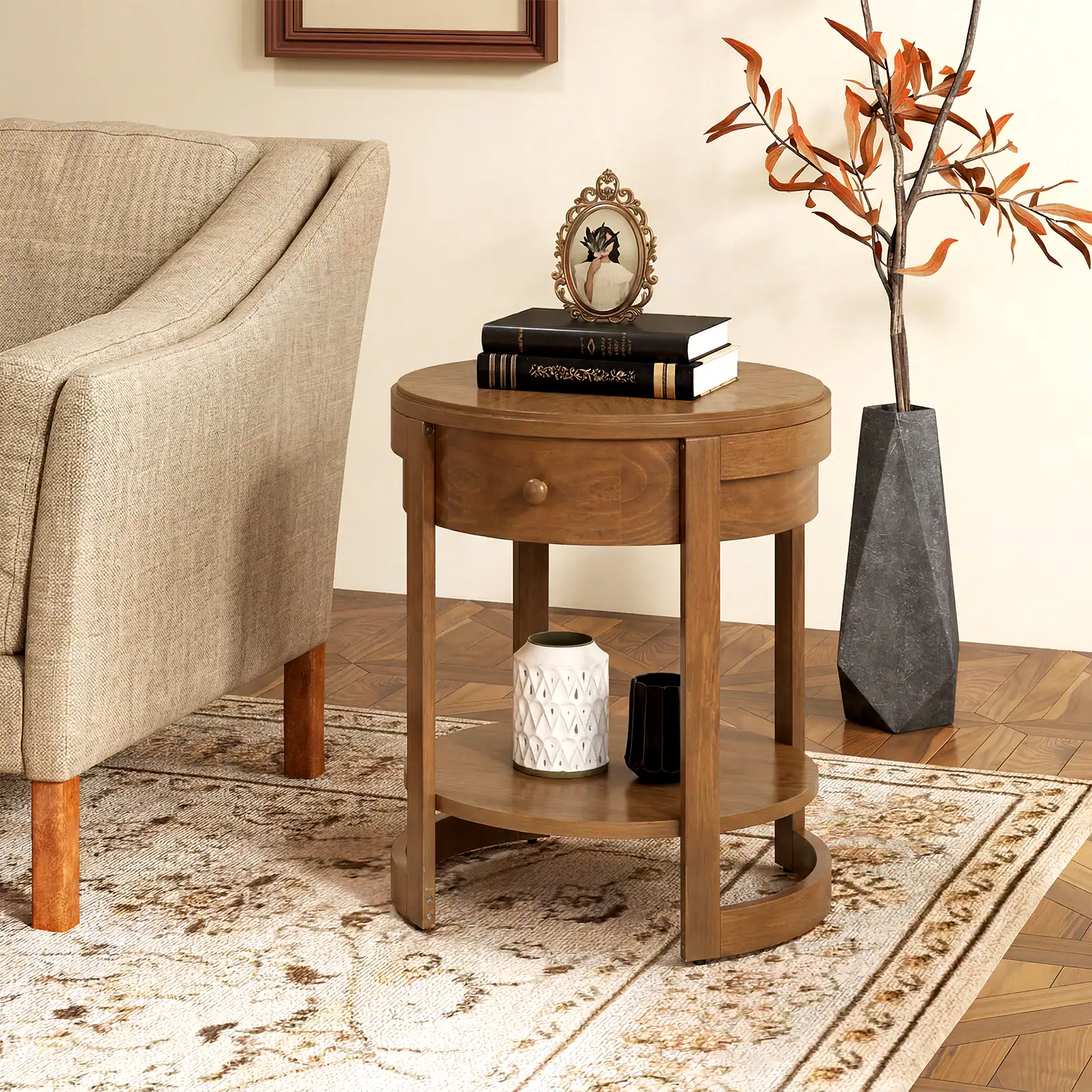 Alt View 4. Gymax - Gymax 2Pcs Round End Table 2-tier Mid Century Modern Nightstand w/ Drawer & Shelf - Brown.