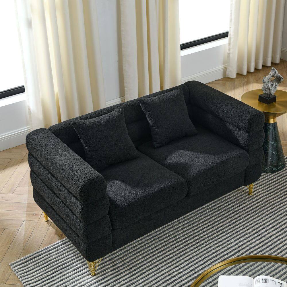 Alt View 7. Kadyn - 60" 2-Person Sectional Sofa, Plush Teddy Fabric with Deep Seating and 2 Included Accent Pillows, Black - Black.