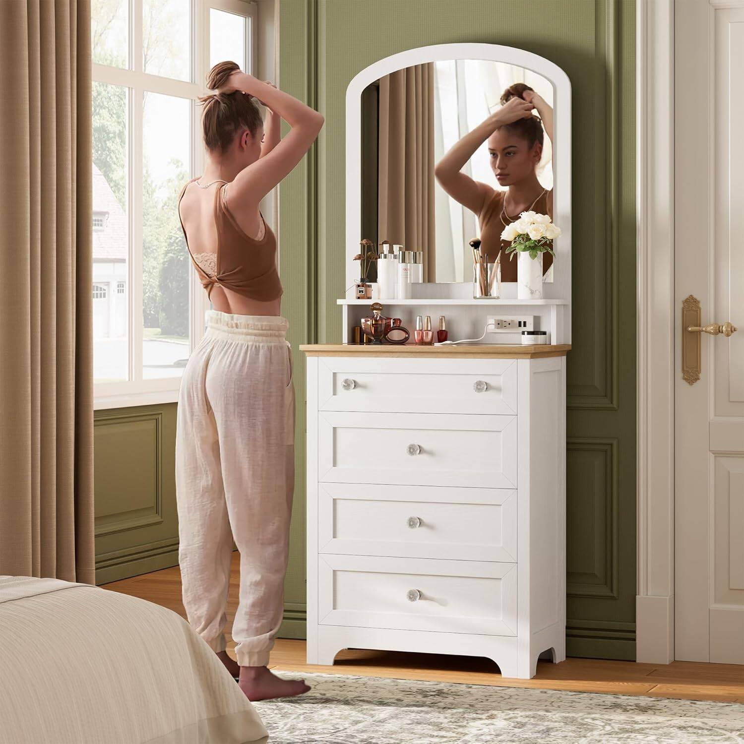 Alt View 1. GARVEE - White Dresser with Mirror, 4 Drawer Storage Cabinet with Crystal Knobs for Bedroom, Living Room, Entryway - White.