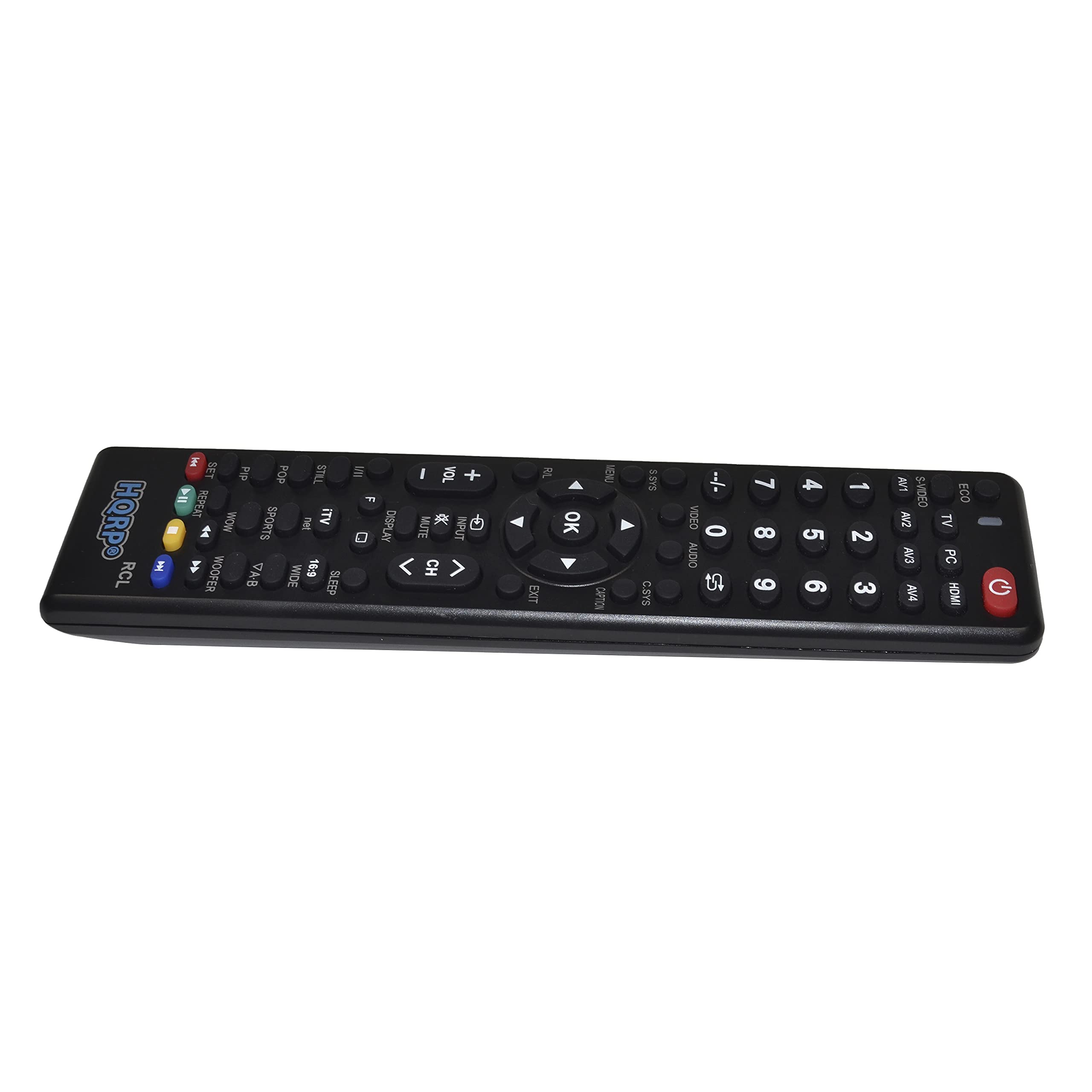 HQRPO RCL SET P POP STILL I WON SPORTS iTV WOOFER 100 WDE SLEEP M VOL + F DISPLAY MUTE INPUT < CH > T EXIT A OK MENU 55rs Y CAPTION CSYS 1 VIDEO O AUDIO to 7 8 6 4 5 6 2 3 AVT S-VIDEO AV2 AV3 AV4 ECO TV PC HOME