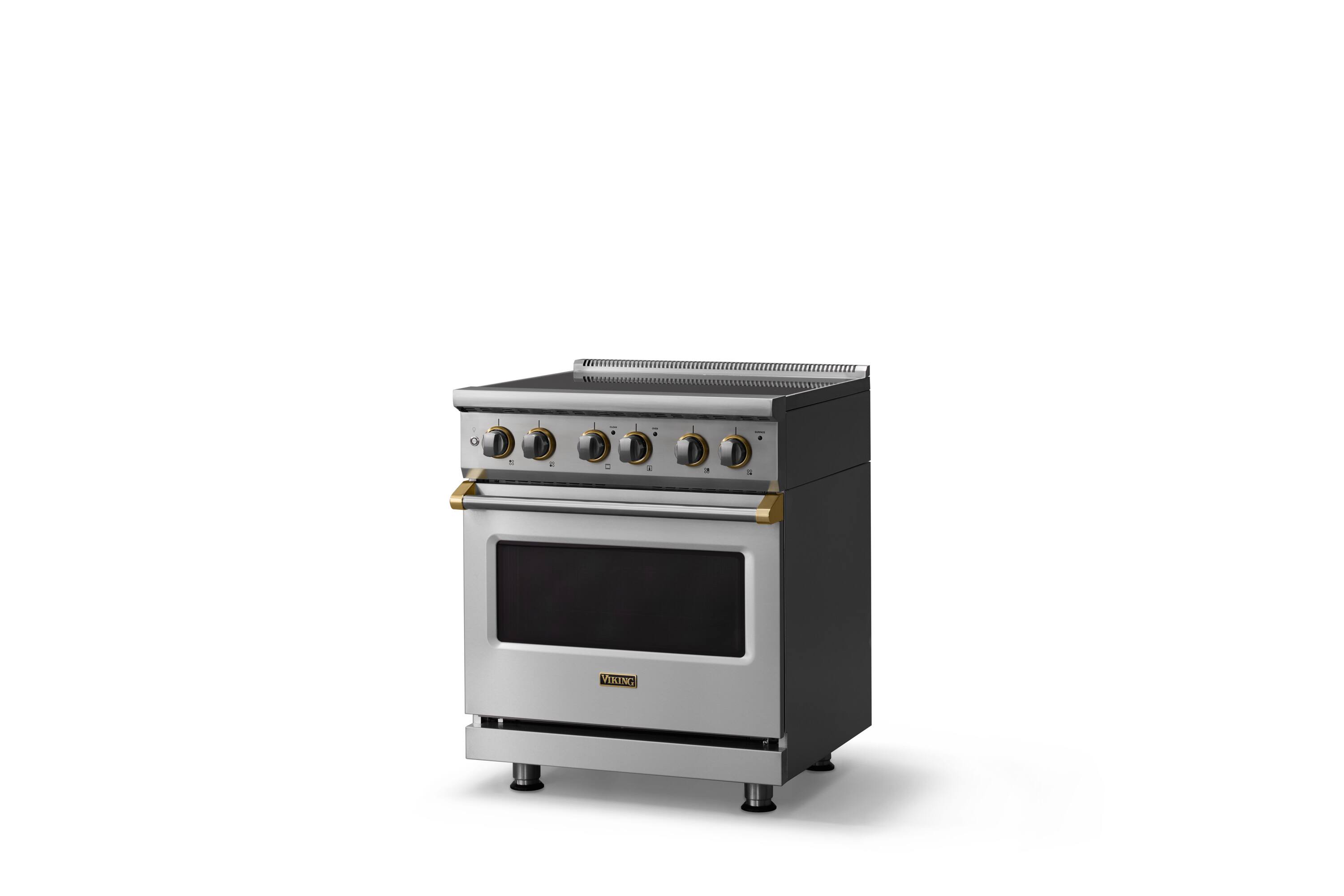 Angle. Viking - 30 in. Wide 4 Elements Pro 5 Series 4.7 Cu.Ft. Freestanding Electric Convection Range-Stainless Steel/Brushed Brass Trim - Stainless Steel.