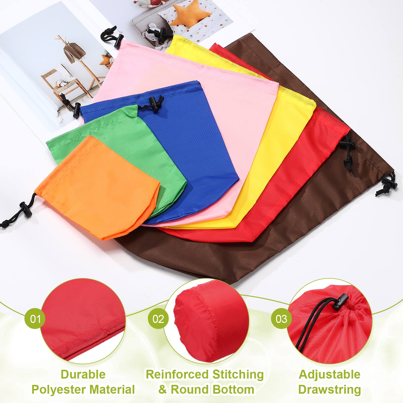 01 Durable Polyester Material  
02 Reinforced Stitching & Round Bottom  
03 Adjustable Drawstring
