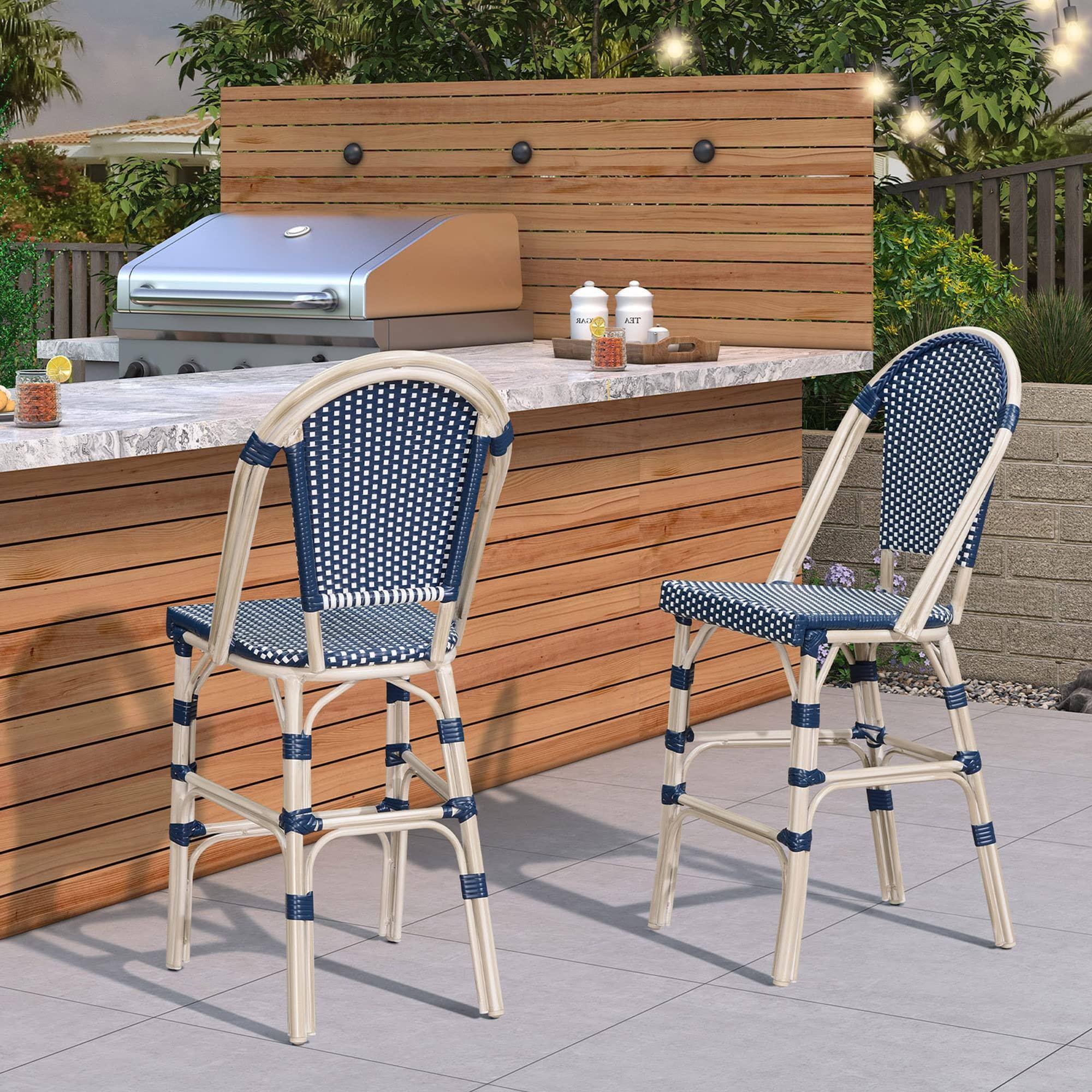 Alt View 2. PURPLE LEAF - French Bar Height Bar Stool Set of 2 Patio Bar Chairs with Back Rattan Bar Chairs French Bistro Set - White Frame/Royal Blue-Bar Stool.