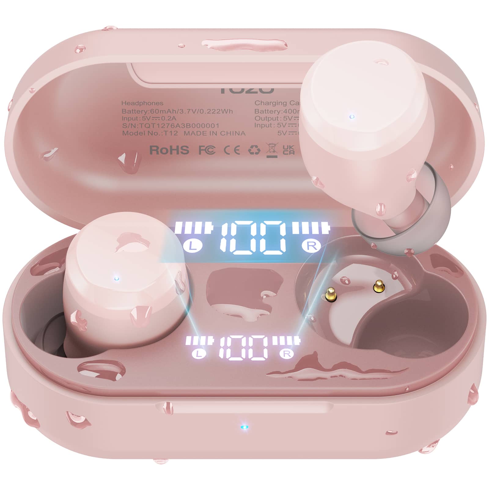 TOZO - T12 Earbuds, Bluetooth 5.3, ENC Mic, 55Hrs, Custom EQ, IPX8, LED, Premium Sound - Rose-Gold