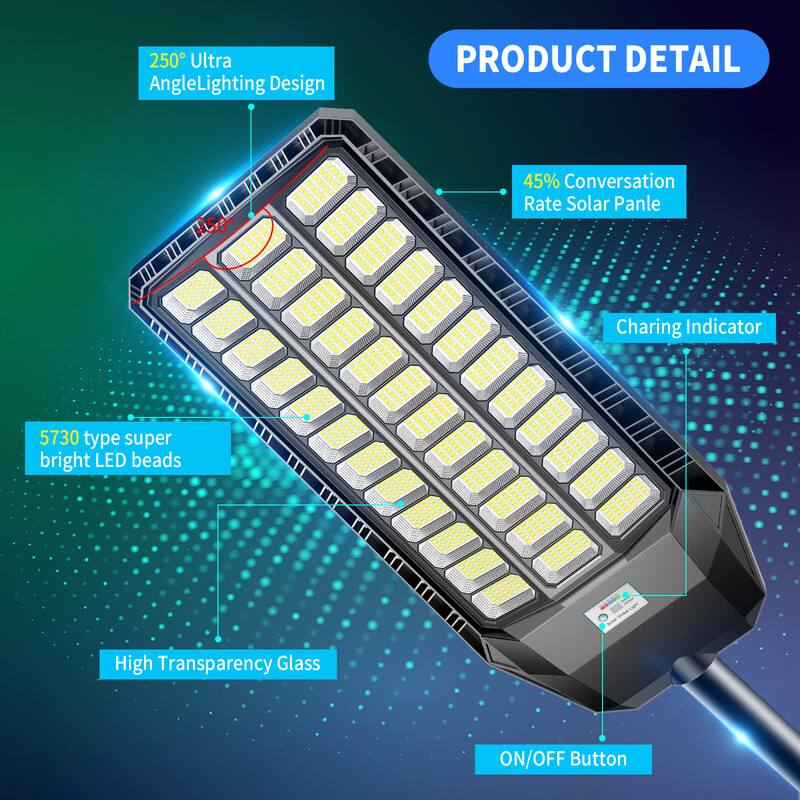 250° Ultra Angle Lighting Design  
PRODUCT DETAIL  
45% Conversion Rate Solar Panel  
Charging Indicator  
5730 type super bright LED beads  
High Transparency Glass  
ON/OFF Button