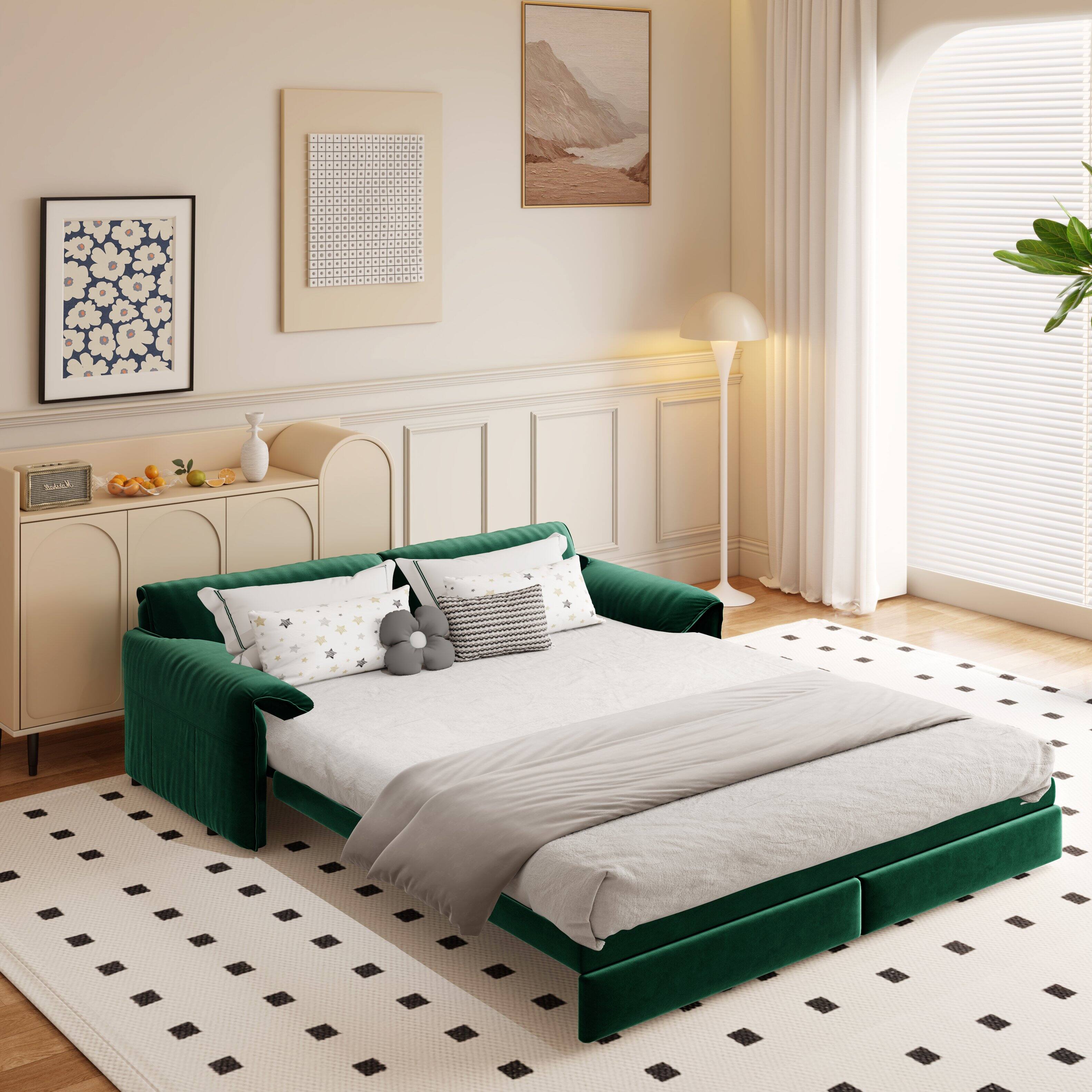 Tiramisubest - Queen Pull Out Sofa Bed,3-in-1 Convertible Sleeper Sofa with Side Storage,Velvet Loveseat for Living Room,Office - Green