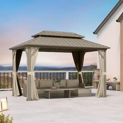 Front. PURPLE LEAF - 8' X 12' Outdoor Aluminum Champagne Hardtop Gazebo with Galvanized Steel Double Roof with Netting and Curtains - 8' X 12'.