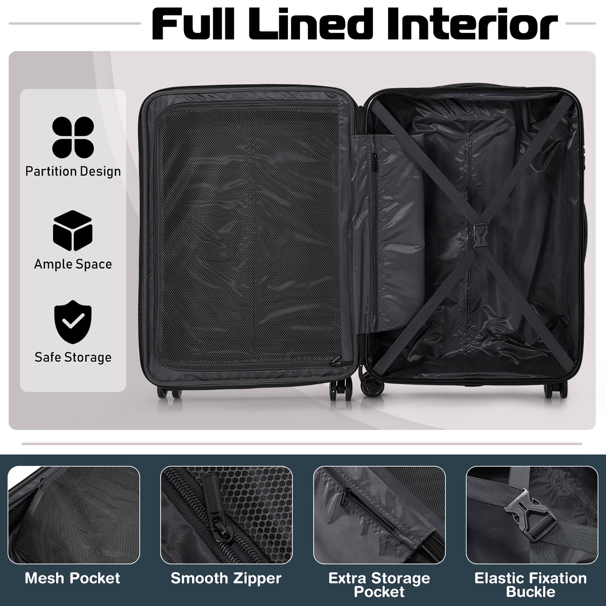 Full Lined Interior

- Partition Design
- Ample Space
- Safe Storage

Mesh Pocket
Smooth Zipper
Extra Storage Pocket
Elastic Fixation Buckle