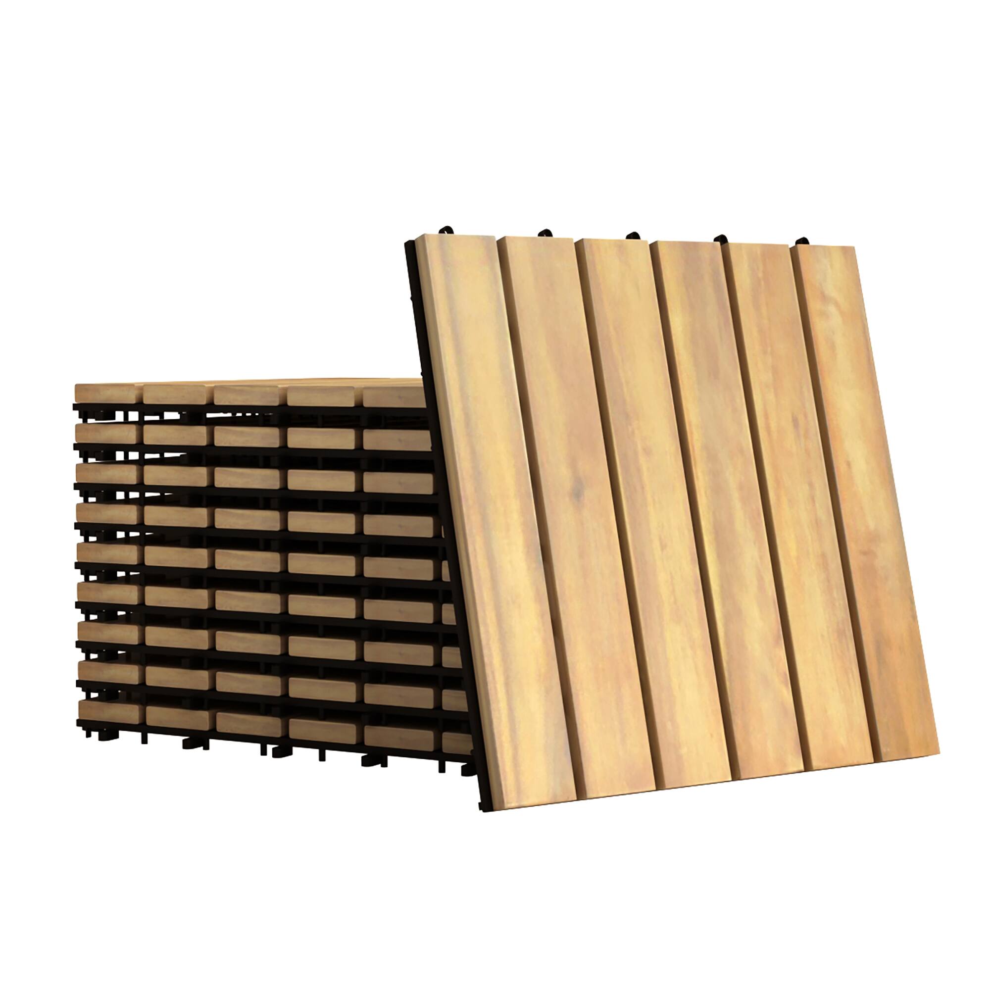 Costway - 10PCS 12" x 12" Acacia Wood Deck Tiles Interlocking Patio Pavers Stripe Pattern - Brown