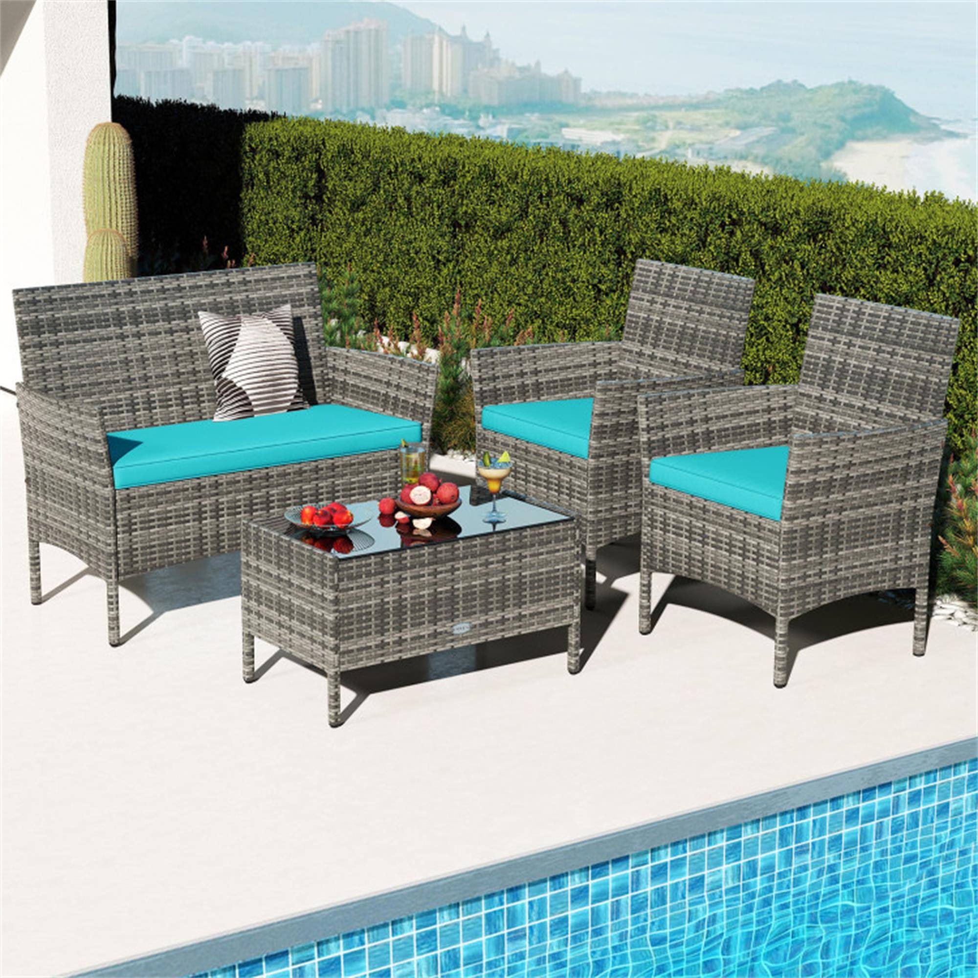 Alt View 2. Boyel Living - Turquoise 4 Pieces Patio Rattan Conversation Set with Tempered Glass Coffee Table 39.5-in L x 32-in W x 22.5-in H - Turquoise.