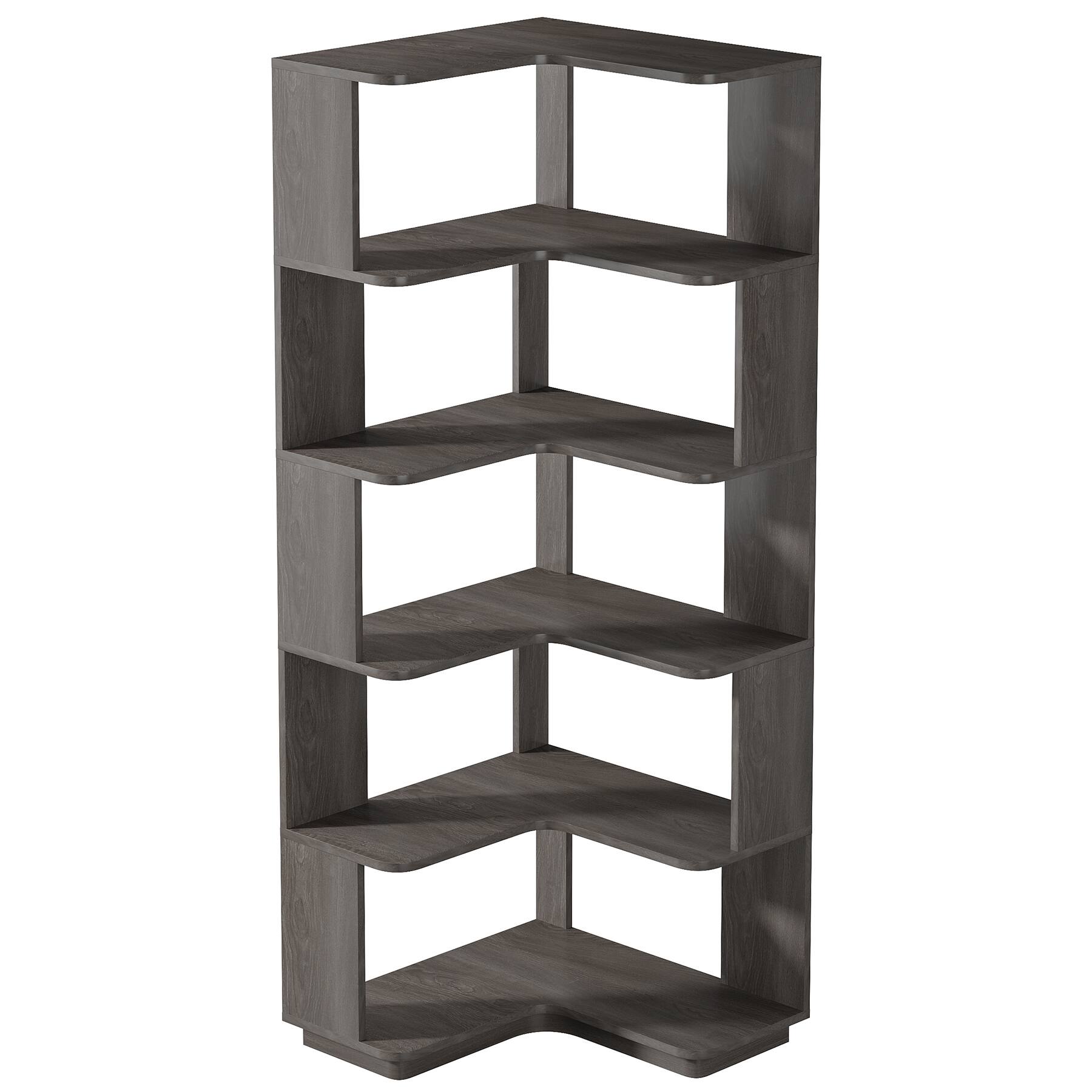 Angle. TinyHomie - 64.96in Tall 6 Tier Corner Bookshelf 64.9 Inches Tall Industrial L Shaped Bookcase with Anti-Drop Panel - Grey.