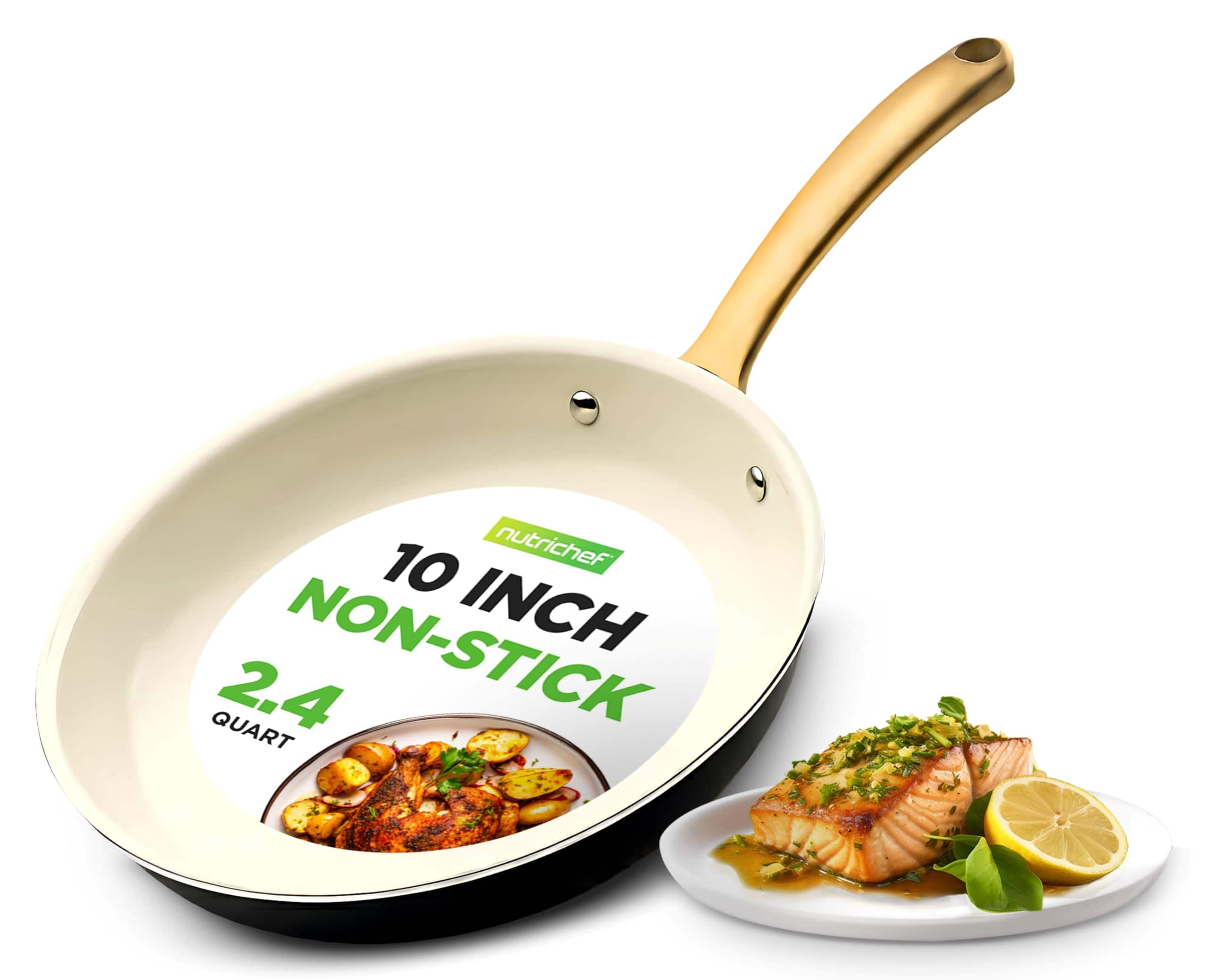 NutriChef - 10-Inch Professional Ceramic Frying Pan, Non-Stick with Golden Titanium Handle, Easy to Clean (NCHG10) - Stainless Steel