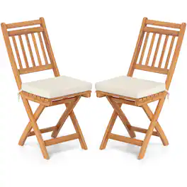 Gymax - Folding Patio Chairs Set of 2 w/ Slatted Backrests & Soft Seat Cushions - Off White, Natural