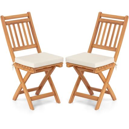 Front. Gymax - Gymax Folding Patio Chairs Set of 2 w/ Slatted Backrests & Soft Seat Cushions - Off White, Natural.