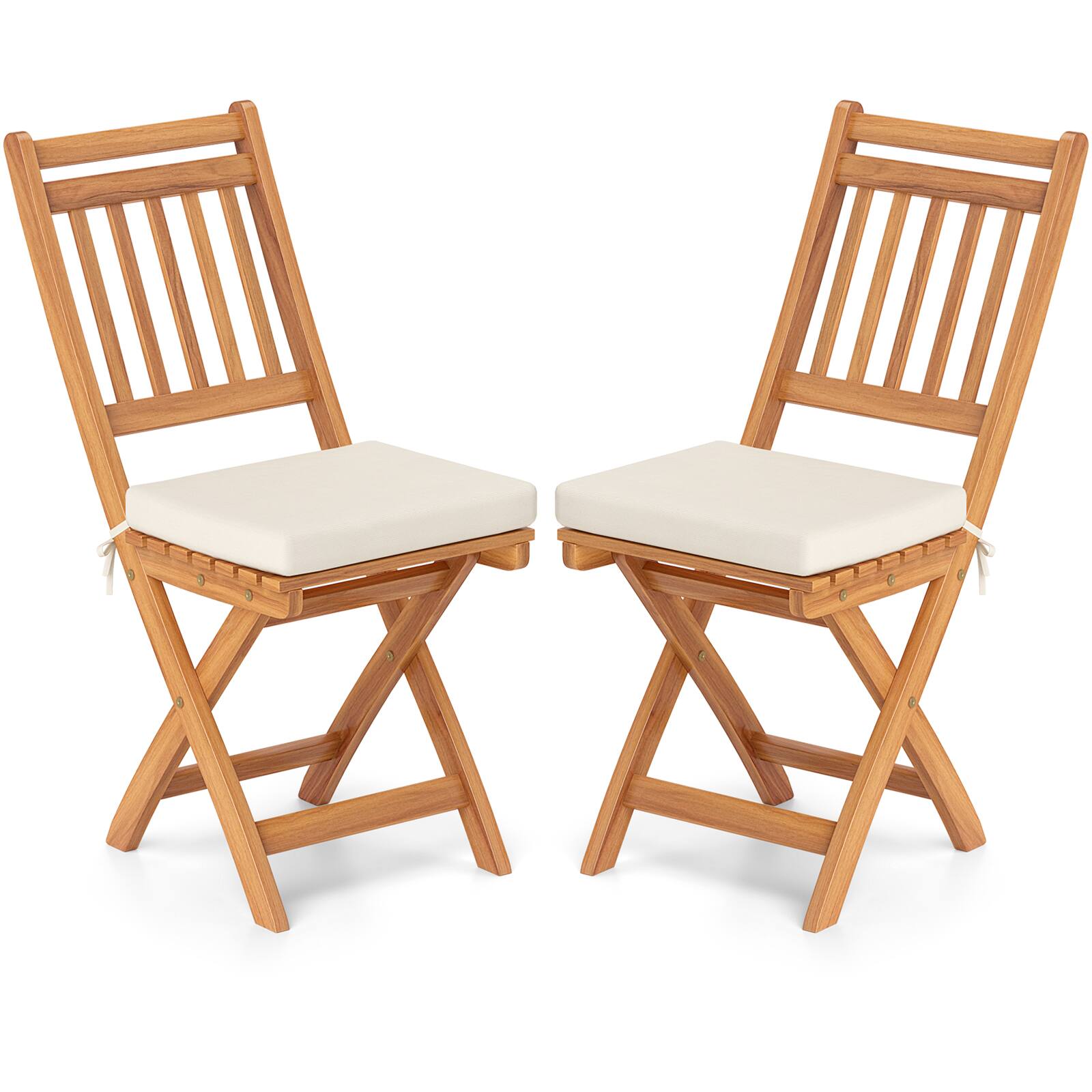 Front. Gymax - Gymax Folding Patio Chairs Set of 2 w/ Slatted Backrests & Soft Seat Cushions - Off White, Natural.