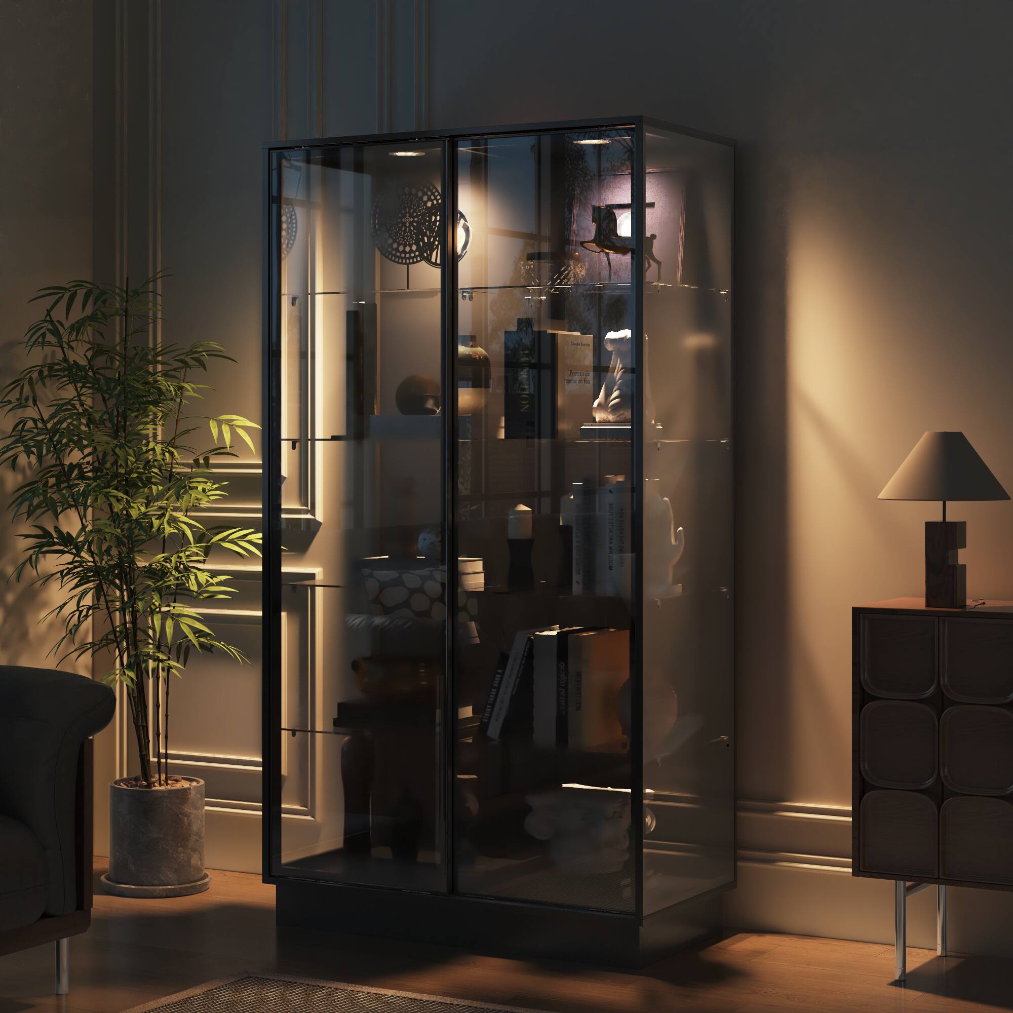 Alt View 1. Famapy - Tempered Glass Display Cabinet with LED Lights, Metal Frame Curio Cabinet for Collectibles and Storage - Black.