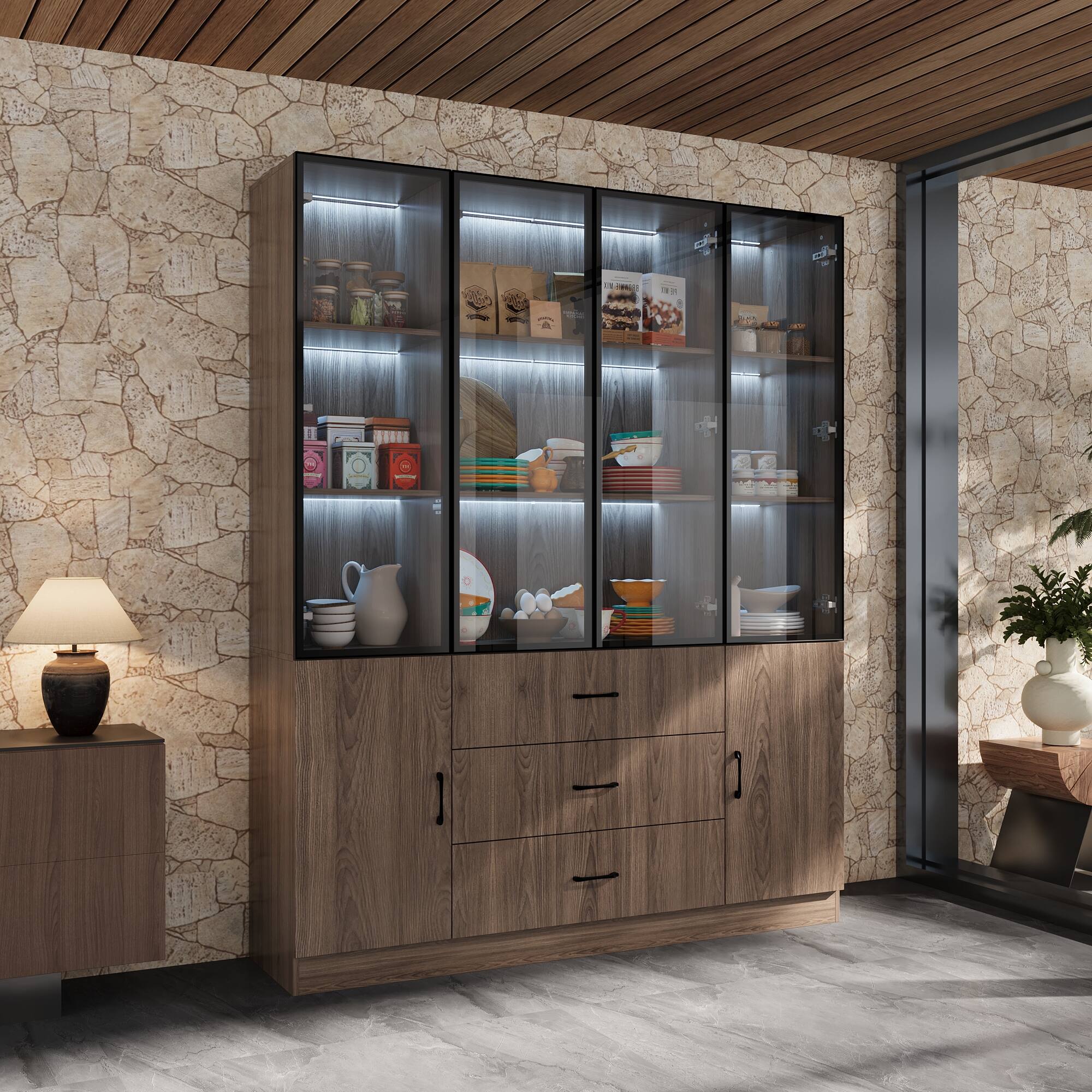 Alt View 2. FUFU & GAGA - FUFU&GAGA Glass - Door Display Cabinet Press - Open Silent Slides & Ambient Lighting for Sophisticated Showcasing - Brown.