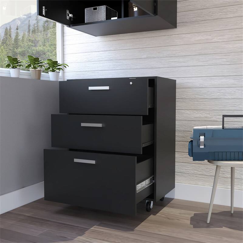 Alt View 2. HTUTWOO - Storage File Cabinet with 3 Drawers - Mobile File Cabinet on 4 Casters, Particle Board Top, Black, 16" x 27.6" x 16" - Black.
