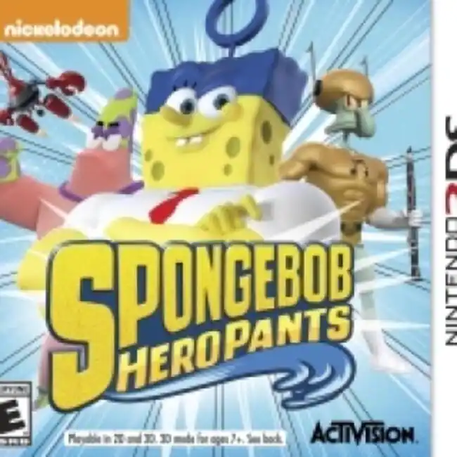 Sure, here is the corrected and grouped text from the image:
- **Nickelodeon**
- **SpongeBob HeroPants**
- **Nintendo 3DS**
- **Activision**
- **Playable in 2D and 3D. 3D mode for ages 7+. See back.**
- **E** (ESRB rating) - RP (Rating Pending)