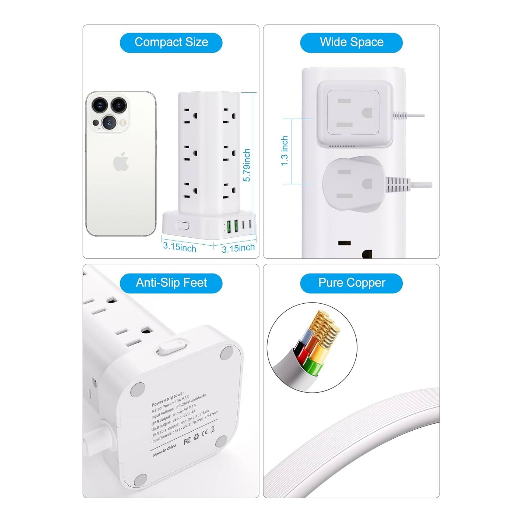 Compact Size  
5.79 inch  
5 inch  
1.3 inch  
3.15 inch  
3.15 inch  

Wide Space  
1.3 inch  

Anti-Slip Feet  

Pure Copper  

Power: 1000W  
Rated Voltage: 220V~50Hz  
USB Output: 5V/2.4A  
Made in China